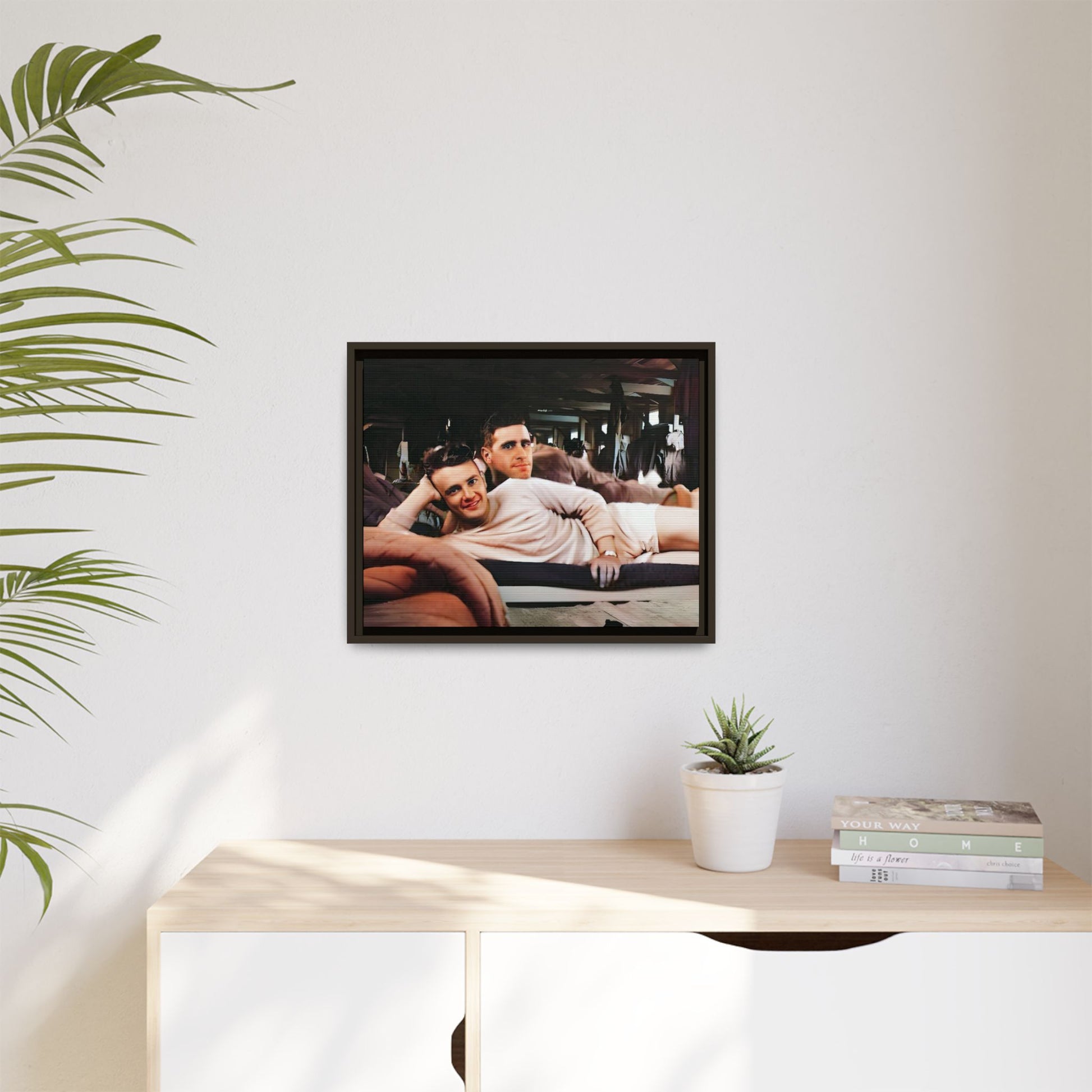 Jules & Seymour - At Ease Together | Vintage 1940s Gay Couple Photo | Restored Framed Matte Canvas Art | Camp Campbell KY Gay Couple