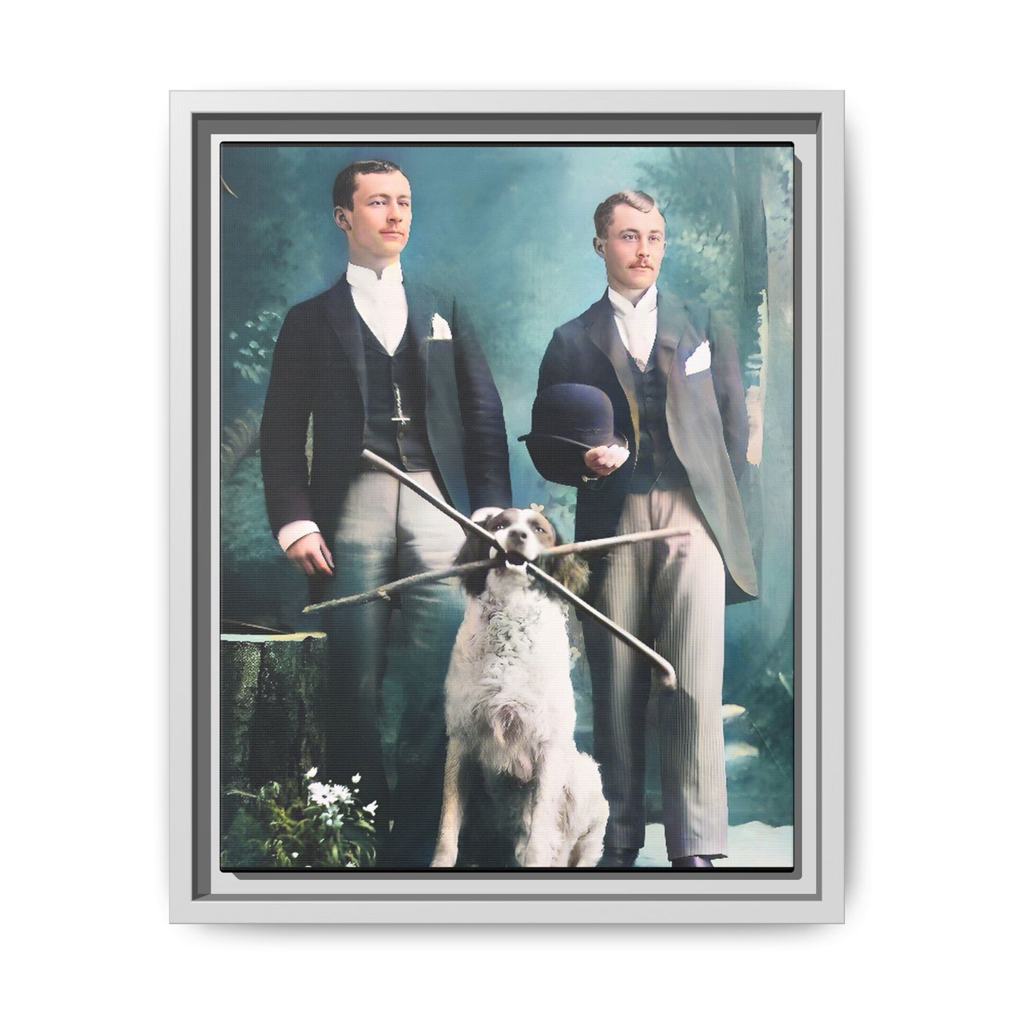 Restored vintage photograph of Patrick and Everett, an Edwardian gay couple with their loyal dog, taken in early 1900s Frankfort, Kentucky. Framed matte canvas print celebrating LGBTQ+ history, love, and companionship. Gay Couple