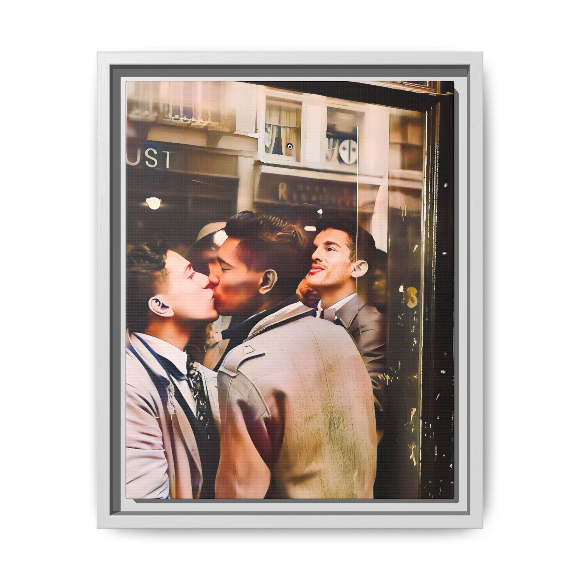 A restored 1950s LGBTQ+ couple portrait of Alejandro & Lorenzo at Mayfair Bar, NYC. A romantic queer history print on matte canvas, capturing love, resilience, and authenticity in a vibrant nightlife setting.