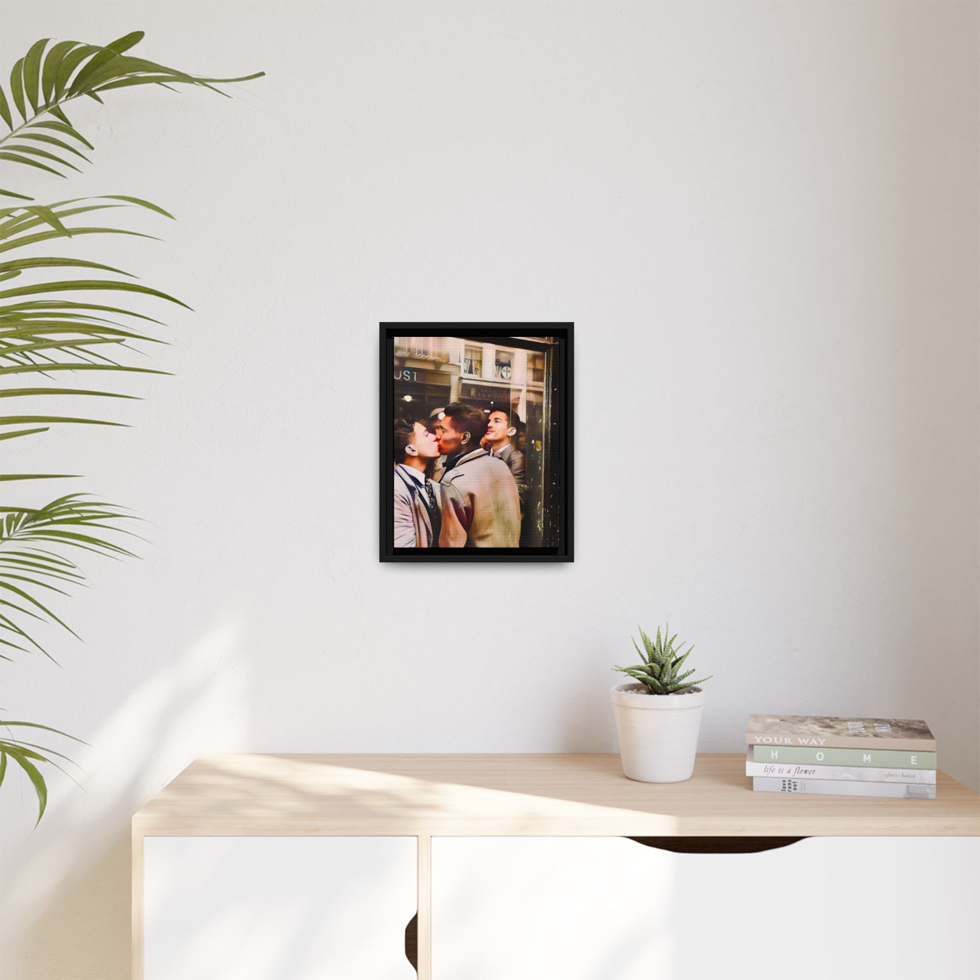 A restored 1950s LGBTQ+ couple portrait of Alejandro & Lorenzo at Mayfair Bar, NYC. A romantic queer history print on matte canvas, capturing love, resilience, and authenticity in a vibrant nightlife setting.