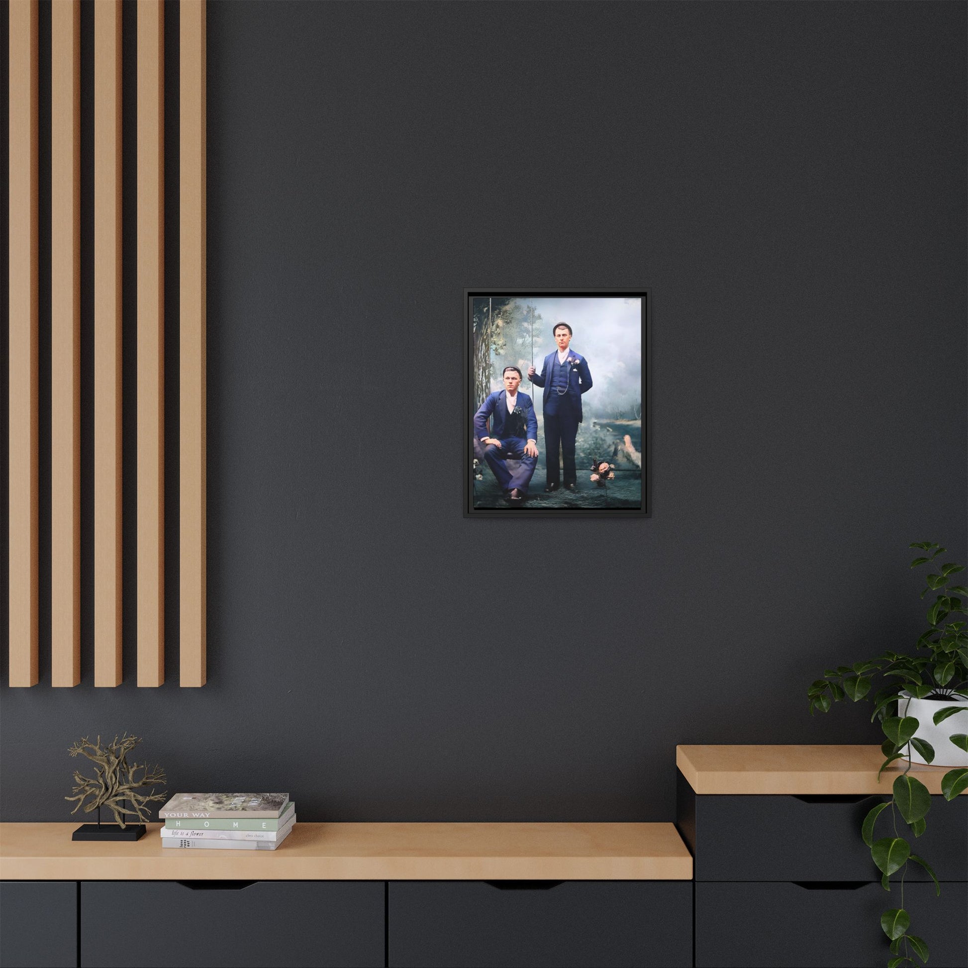 A restored vintage portrait of David & Earnest in Monongahela City, Pennsylvania. This framed matte canvas honors LGBTQ+ history, elegance, and enduring love. Gay Couple