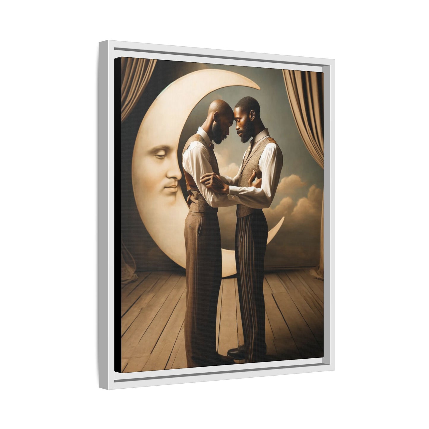 Two Black men in vintage 1920s clothing stand forehead to forehead, embraced beneath a glowing crescent moon. A theatrical scene honoring queer love, memory, and history, reclaiming moments that were never captured due to cultural bias.