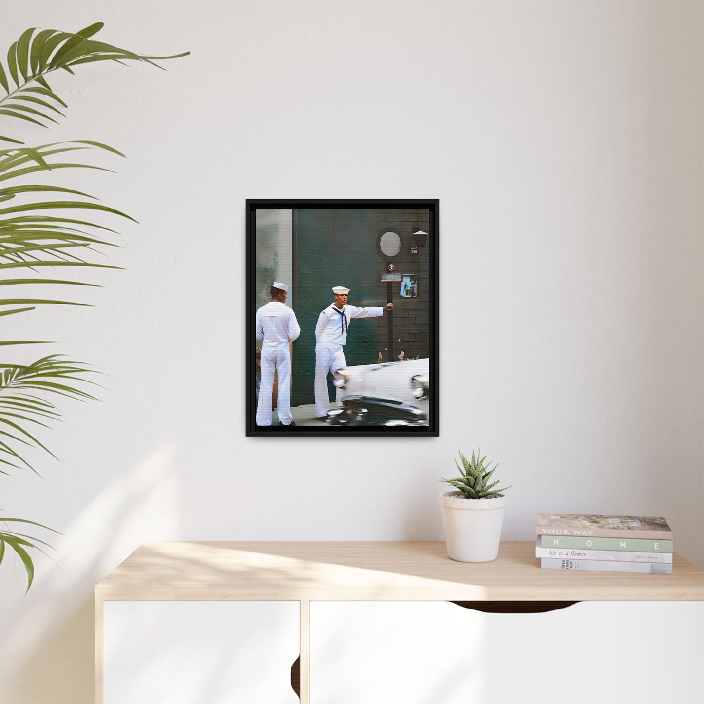 A restored vintage portrait of two sailors in Boystown, Northalsted, Chicago. This framed matte canvas celebrates LGBTQ+ history, urban charm, and community pride.