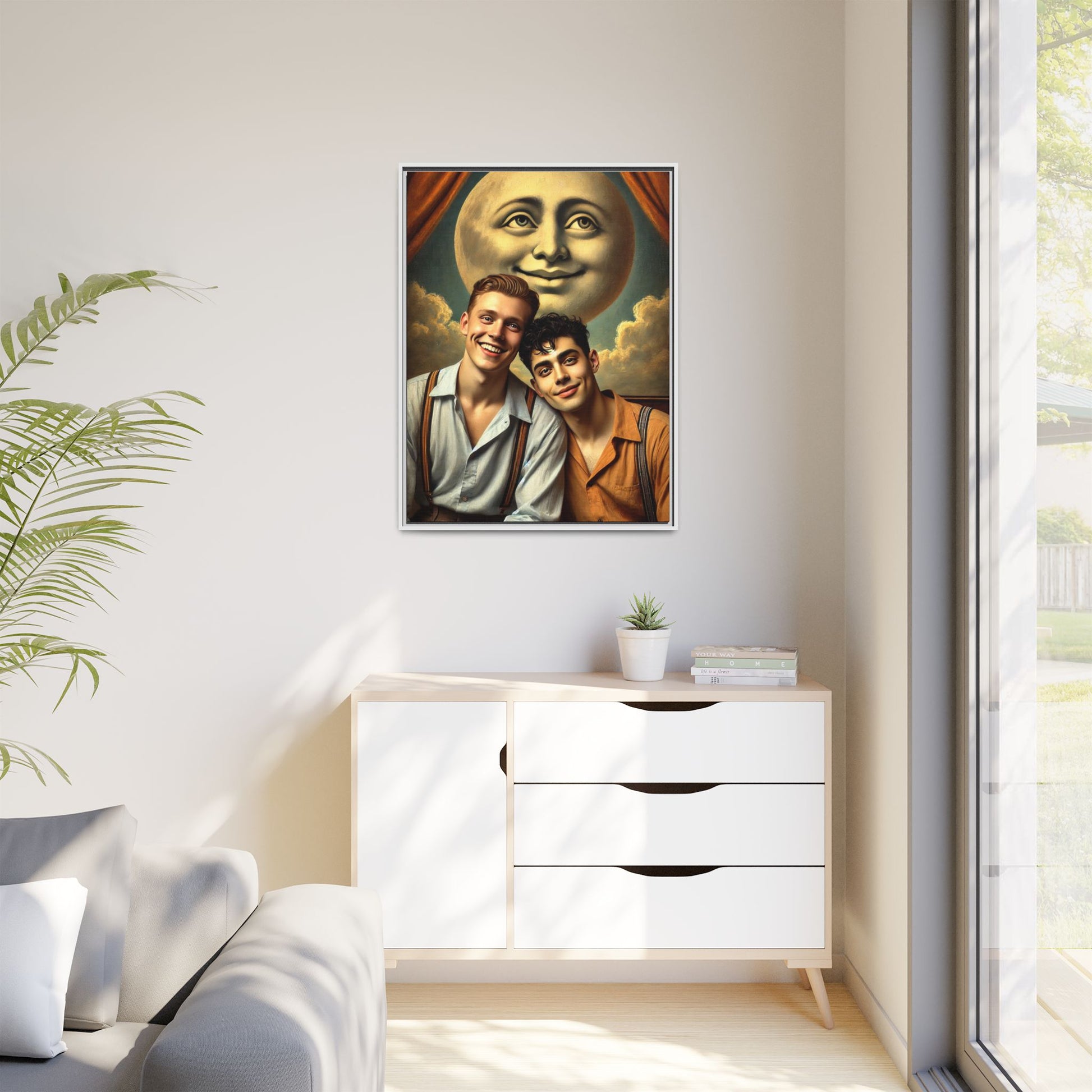 Framed artwork featuring a joyful queer couple in 1930s attire, seated close together beneath a smiling full moon in a theatrical studio setting. A celebration of reclaimed LGBTQ+ narratives in nostalgic portraiture.