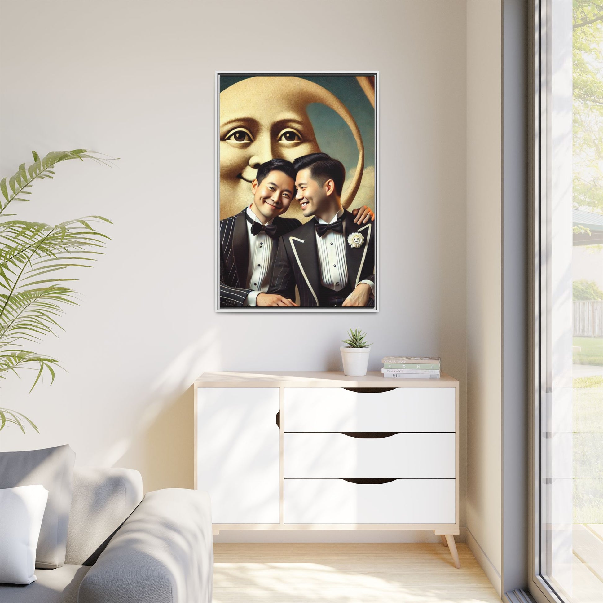Framed matte canvas featuring a joyful queer Asian couple in tuxedos standing beneath a crescent moon. This artwork, part of the Missing Art Studies series, reimagines erased queer histories with warmth, dignity, and vintage-inspired style.