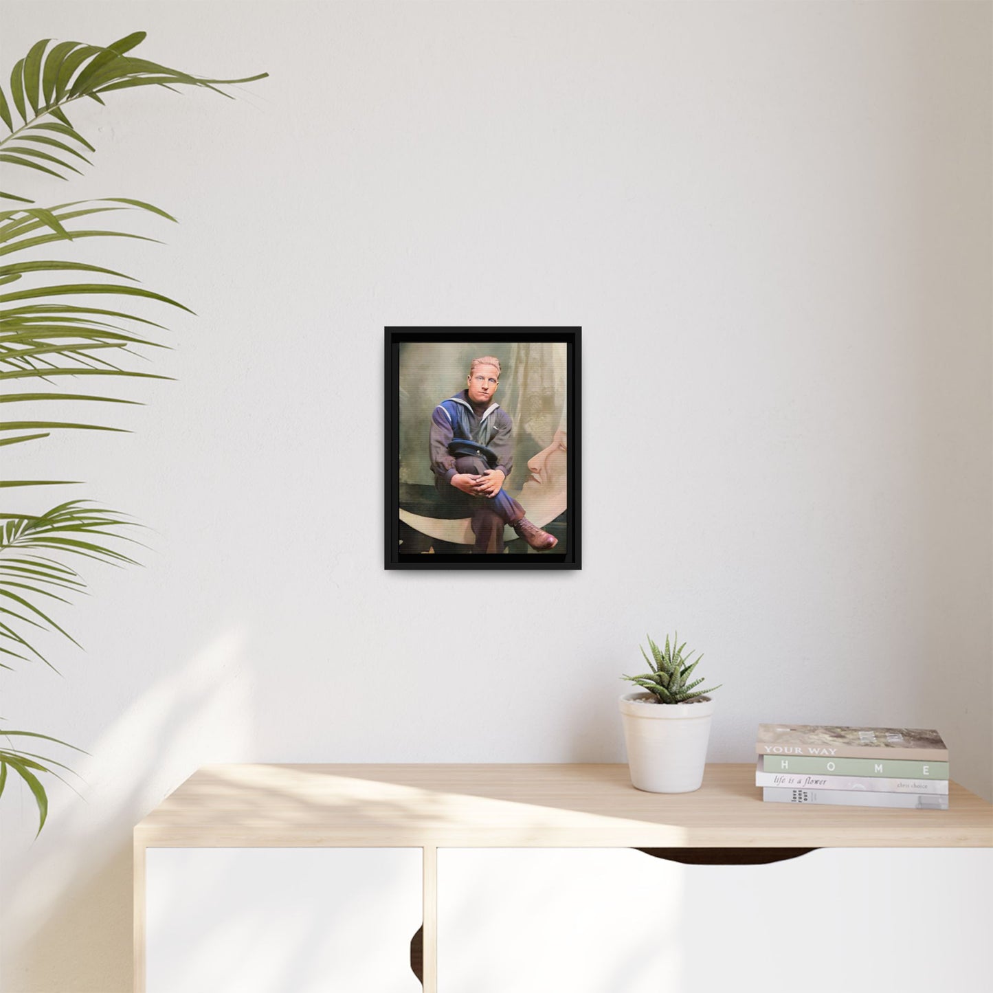 A vintage U.S. Navy sailor portrait featuring Jacob in uniform with a crescent moon backdrop. This framed matte canvas print is a timeless tribute to naval service, ideal for military history collectors, veterans, and nautical decor lovers. Art Deco Paper Moon Prop