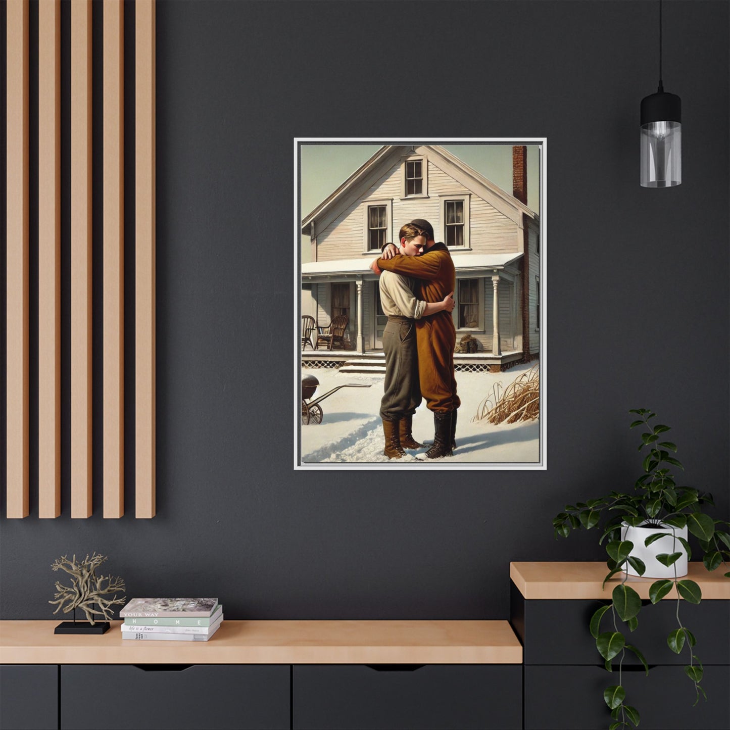 Artwork of a tender moment between a gay couple embracing outside a farmhouse in a snowy, rural landscape. Dressed in vintage attire, the two men find warmth and comfort in each other’s arms, capturing love and connection in a serene, Americana winter setting