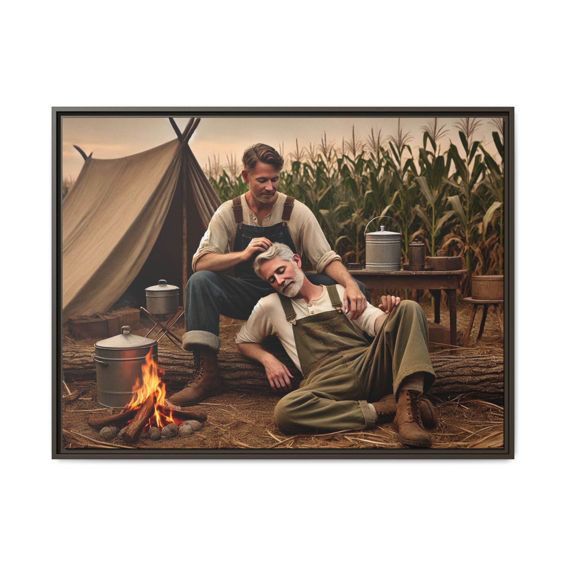 Older queer couple sharing a tender moment by the campfire, celebrating love