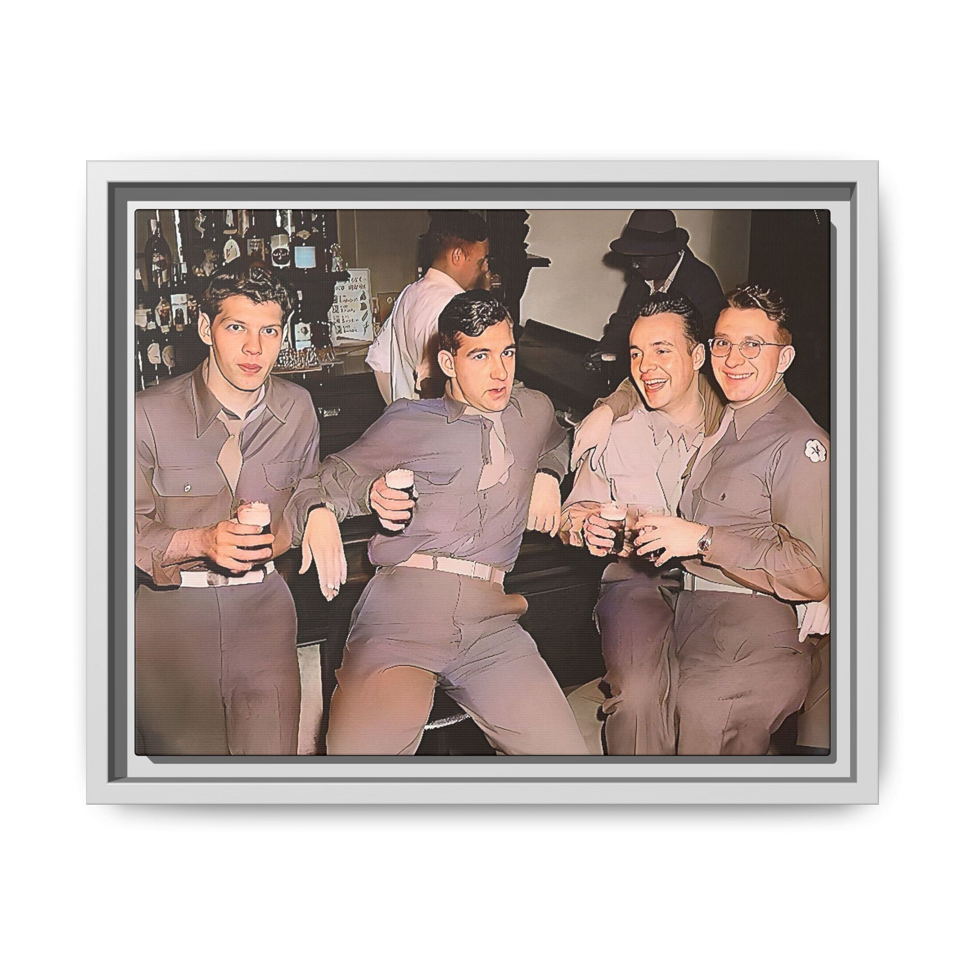 Restored vintage photograph of soldiers in uniform gathered at Jackson's gay bar in mid-20th century San Francisco. Framed matte canvas print celebrating camaraderie, resilience, and LGBTQ+ history