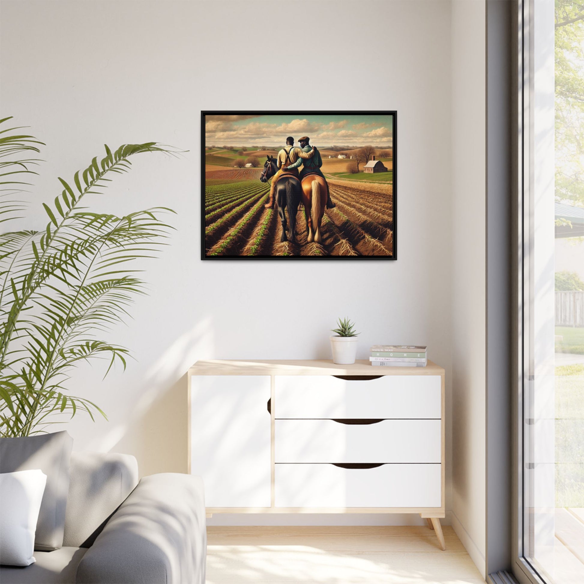 Artwork of an African-American gay couple riding horseback through expansive farmland, sharing a tender moment as they overlook lush fields. Dressed in rugged vintage attire, this scene captures resilience, love, and the charm of rural life, celebrating LGBTQ+ history and African-American heritage.