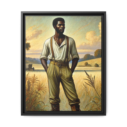 Framed artwork depicting an African American farmer in a 19th-century setting, inspired by Walt Whitman’s Leaves of Grass and Song of Myself, highlighting resilience and unity in a golden wheat field. Grant Wood Tribute