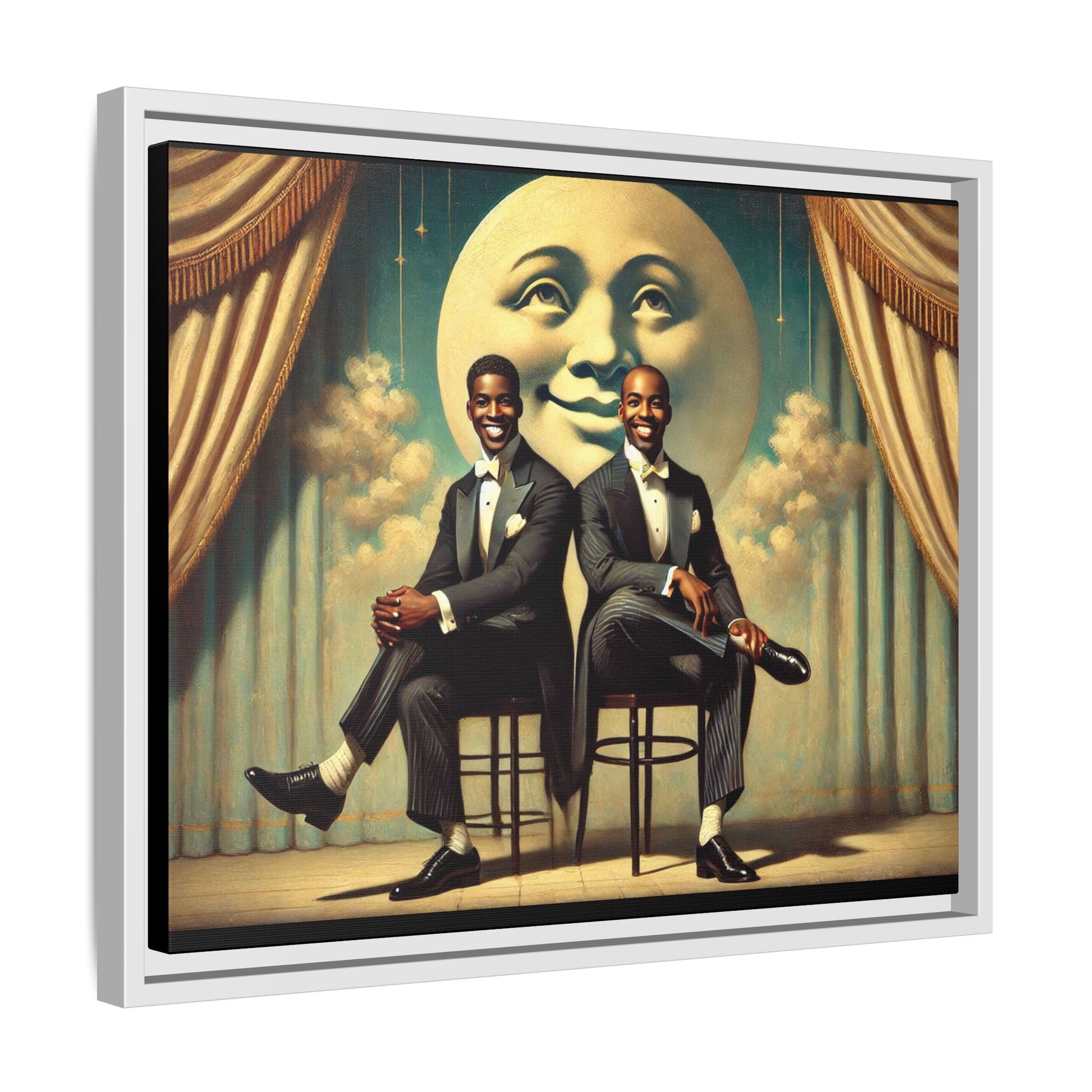 Framed vintage-style portrait of two Black men in tuxedos seated under a smiling crescent moon prop with golden curtains and cloud backdrop. This restored matte canvas honors lost LGBTQ history and reclaims early 20th-century queer representation with pride.