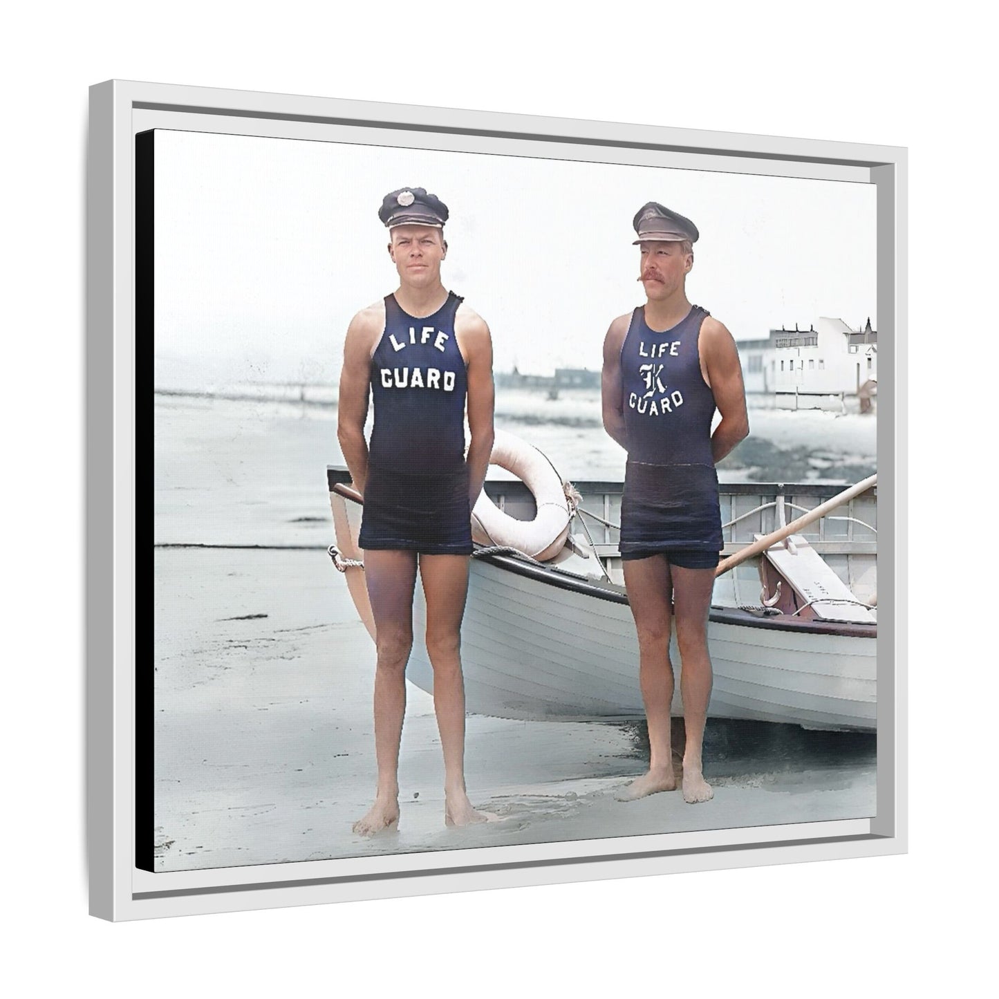 A nostalgic framed canvas print of vintage lifeguards in Cape May, NJ. This coastal artwork captures the charm of early 20th-century beach life, making it perfect for lovers of maritime history, seaside decor, and Americana enthusiasts.