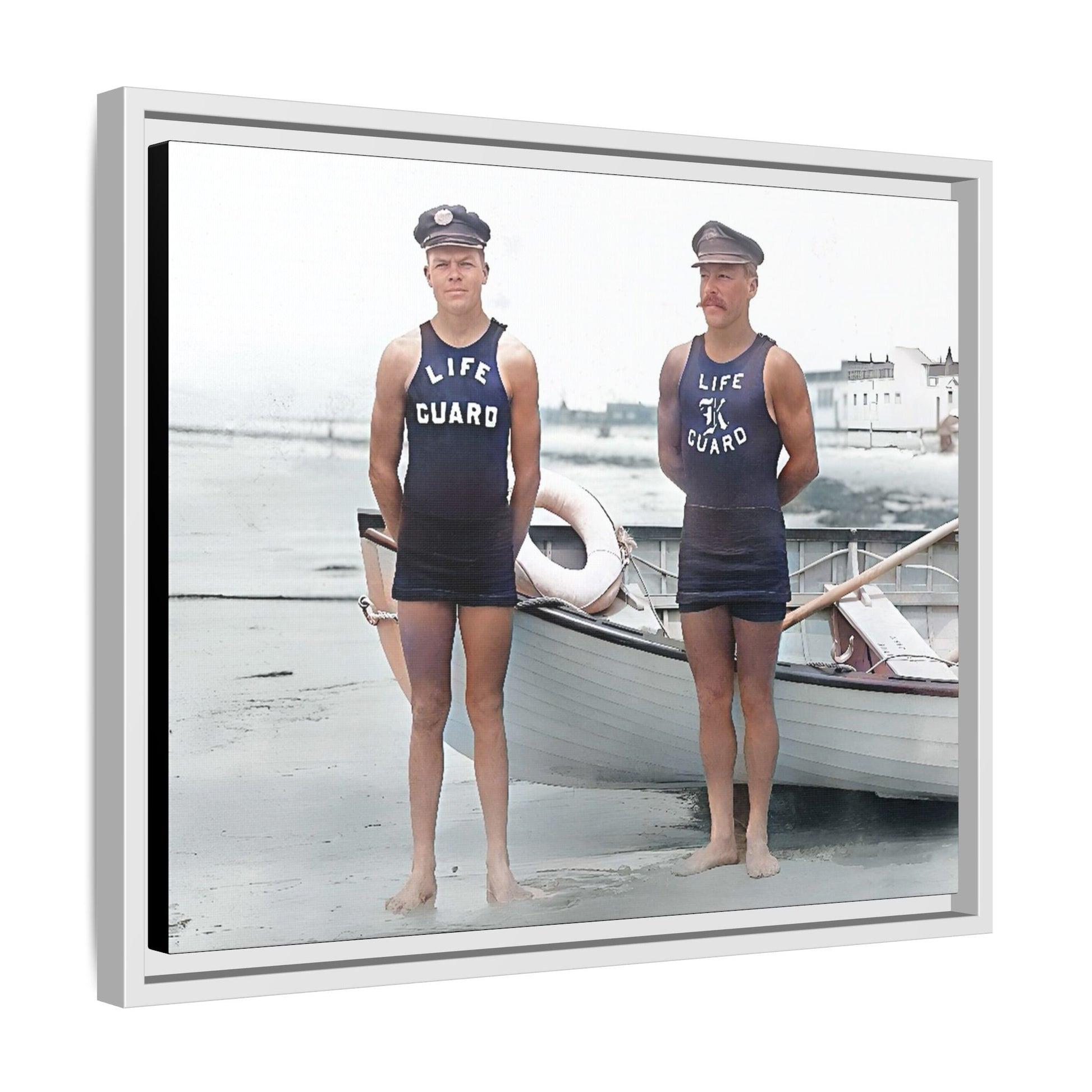 A nostalgic framed canvas print of vintage lifeguards in Cape May, NJ. This coastal artwork captures the charm of early 20th-century beach life, making it perfect for lovers of maritime history, seaside decor, and Americana enthusiasts.