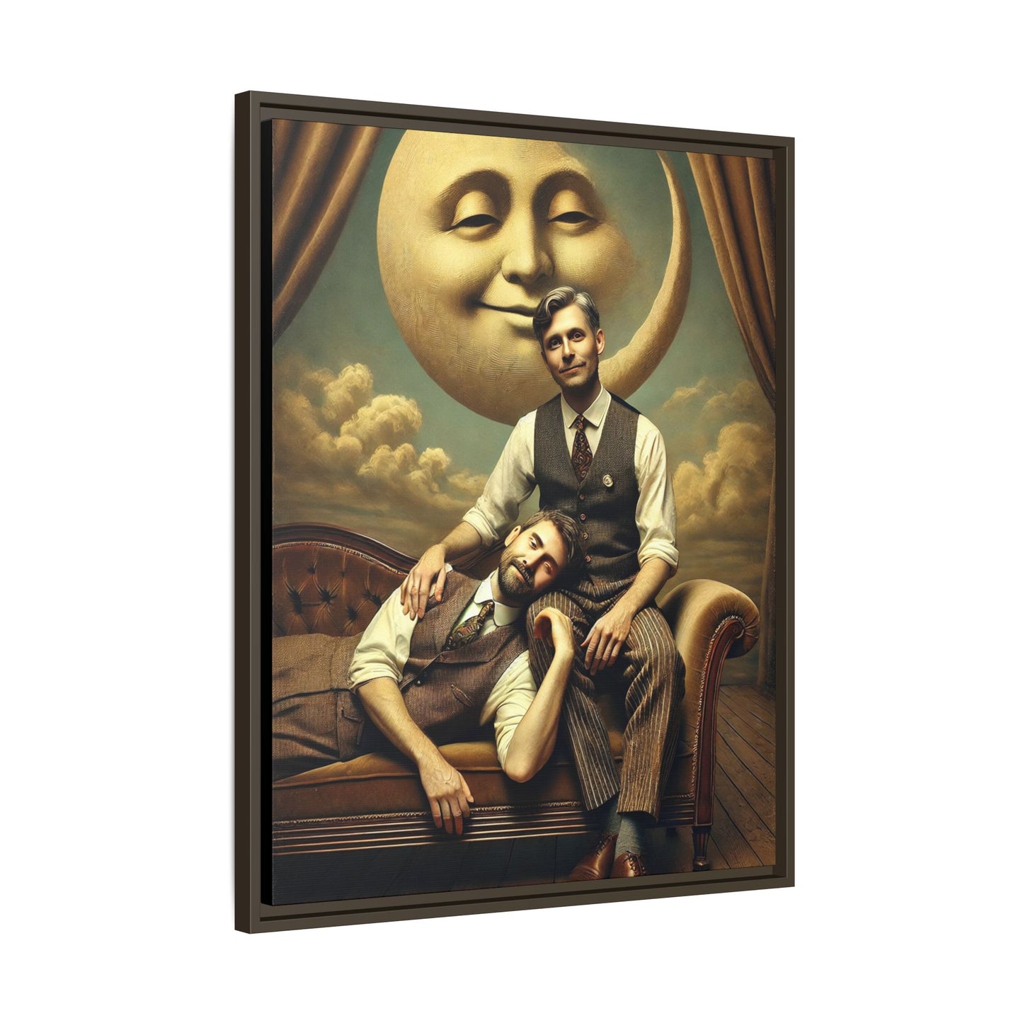Vintage-style artwork of two men in 1920s clothing sitting close, one resting his head on the other’s lap beneath a smiling moon. Surrounded by theatrical curtains and clouds, this original piece honors lost queer love and challenges historical erasure with tenderness and pride.