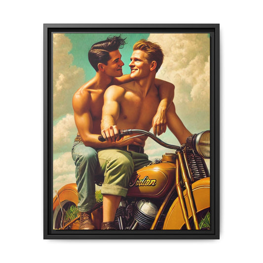 A vintage-style portrait of two young, shirtless men sitting together on a classic mustard-yellow Indian motorcycle. One man, with dark hair, sits behind the other and wraps his arm lovingly around his partner’s shoulder, gazing into his eyes. The man in front, with light hair, grips the handlebars and smiles back at him. Both wear rolled-up pants and sturdy boots. The background features a bright, partly cloudy sky, evoking a sense of freedom, warmth, and queer joy in mid-20th Century
