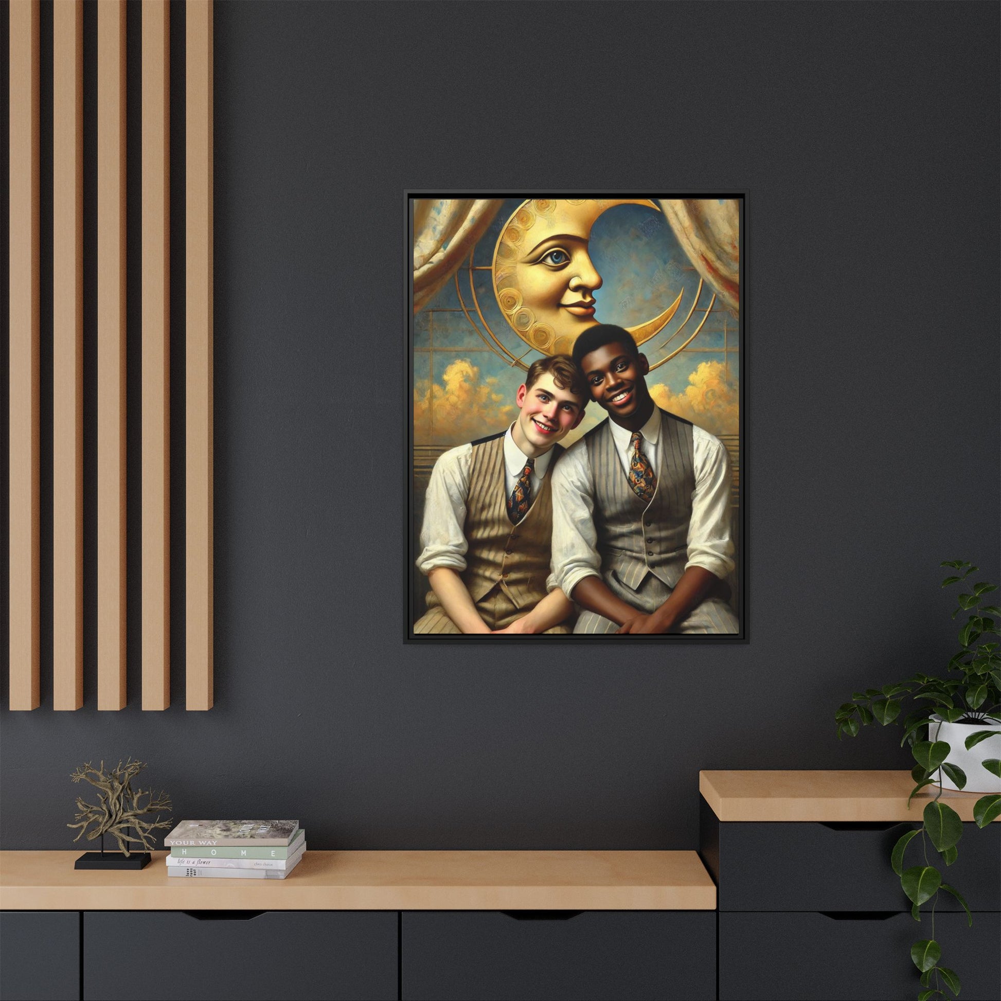 A vintage-style artwork showing a young interracial gay couple in 1920s attire sitting beneath a golden crescent moon with a serene expression. Their joyful closeness reclaims erased queer history and reflects the beauty of interracial love through a lens of tenderness and celebration.