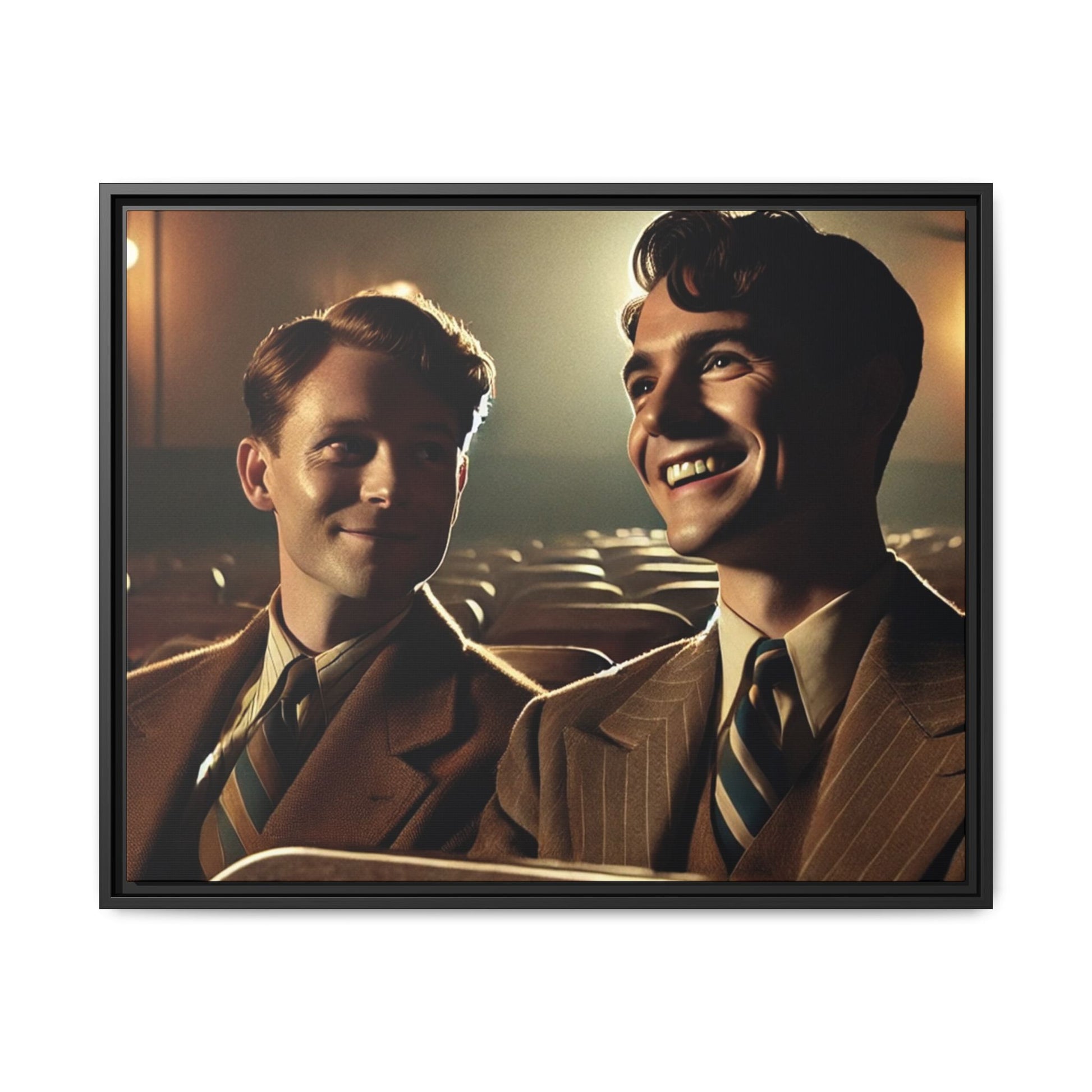 Vintage-style photo of two young men sharing an intimate moment on a date in a 1930s movie theater. Dressed in classic pinstripe suits, their smiles and close connection evoke the warmth and charm of the era, celebrating LGBTQ+ history and timeless romance.