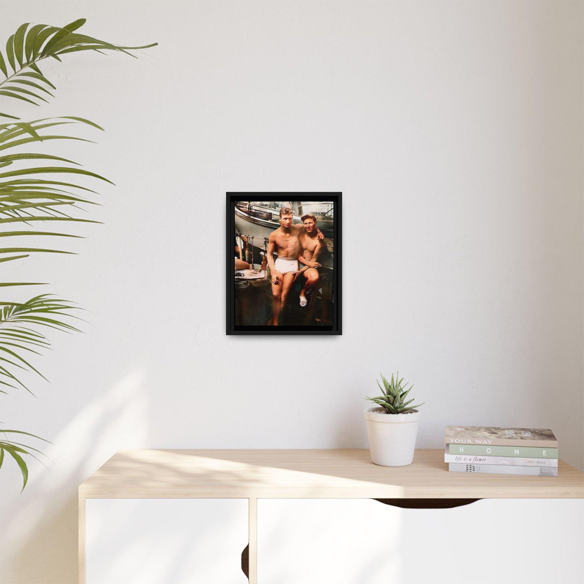 A framed vintage nautical portrait on matte canvas featuring Richard and Joey in Gulf Shores, Alabama, capturing timeless LGBTQ+ connection and coastal charm. Gay Couple
