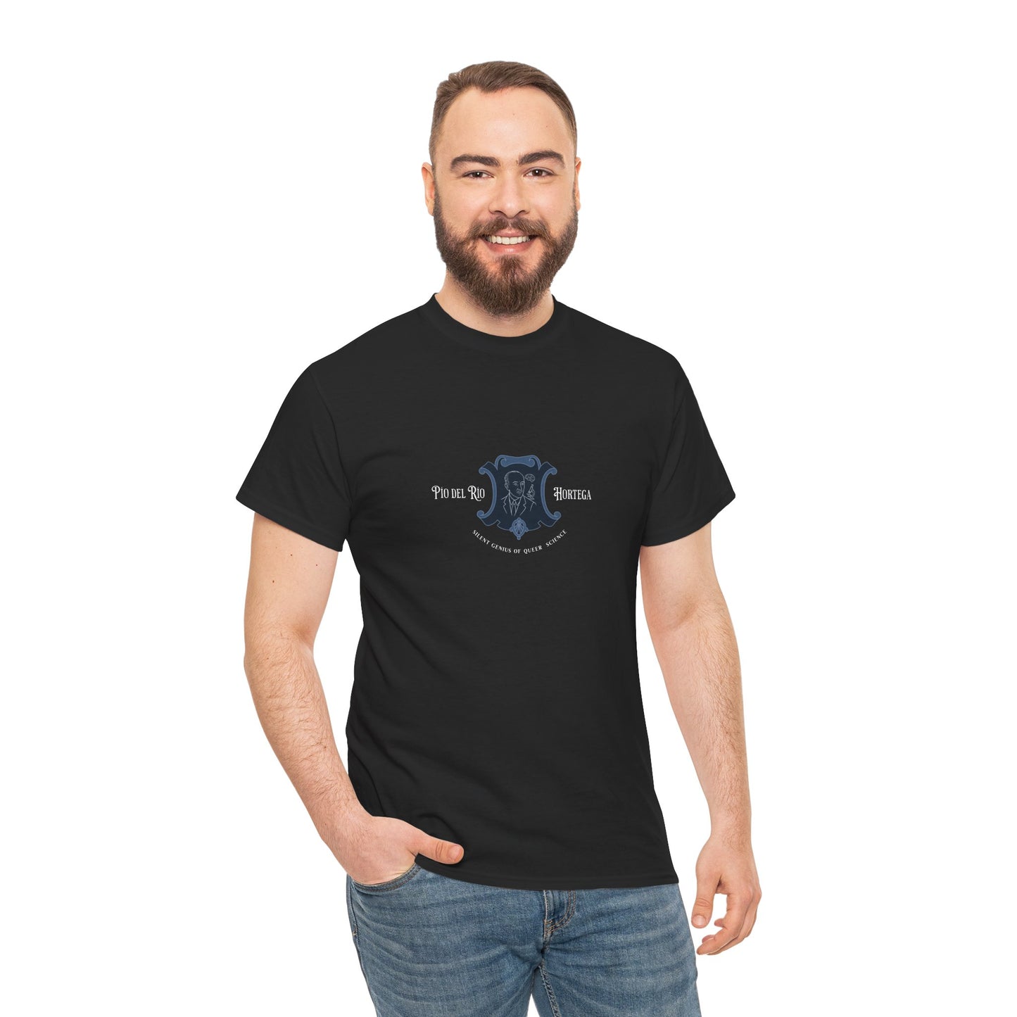 t-shirt with a Jean Cocteau–inspired line drawing of Pío del Río Hortega framed in a blue crest. This refined graphic design pays tribute to queer scientific brilliance with the phrase “Silent Genius of Queer Science” below. A bold shirt for quiet revolutions.