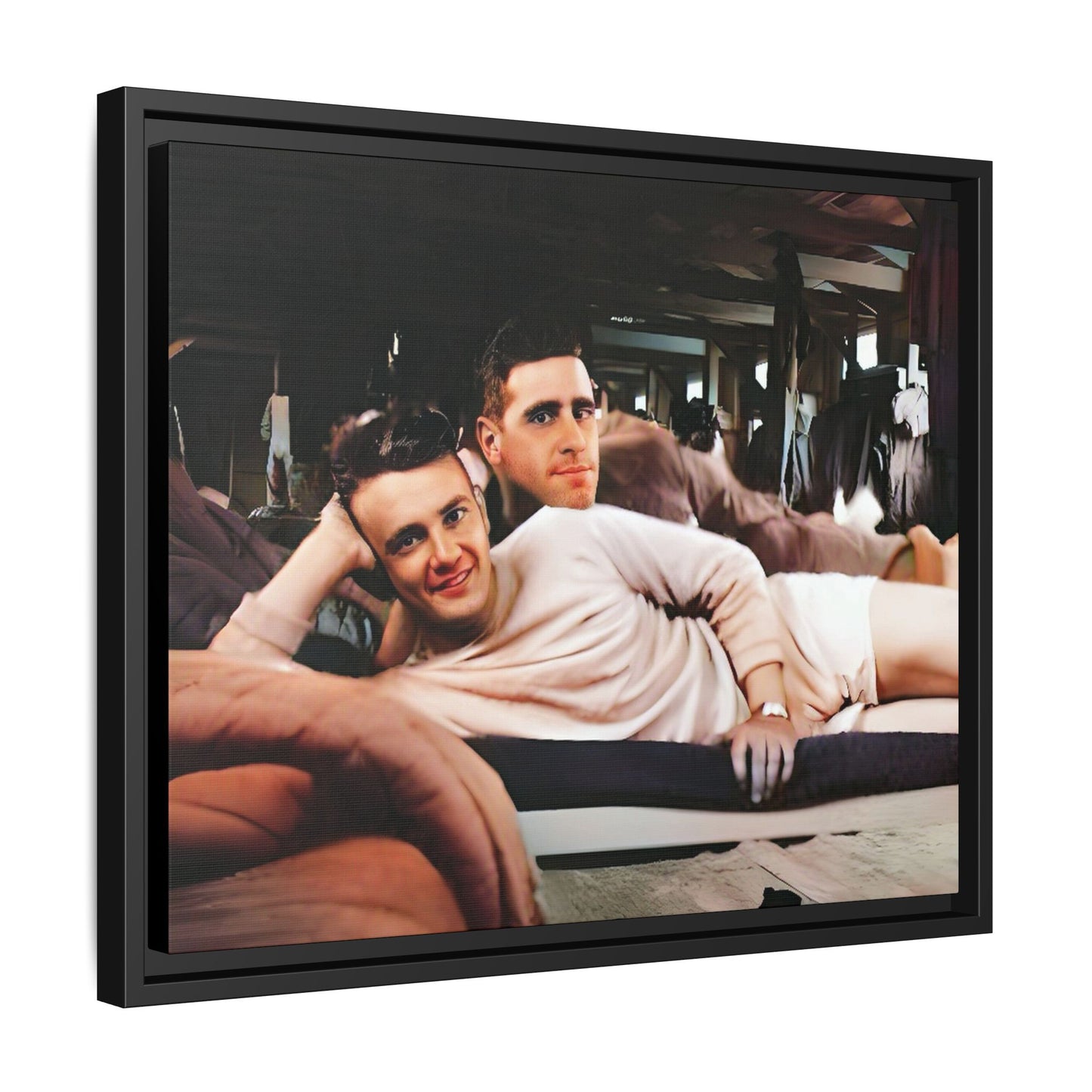 Jules & Seymour - At Ease Together | Vintage 1940s Gay Couple Photo | Restored Framed Matte Canvas Art | Camp Campbell KY Gay Couple