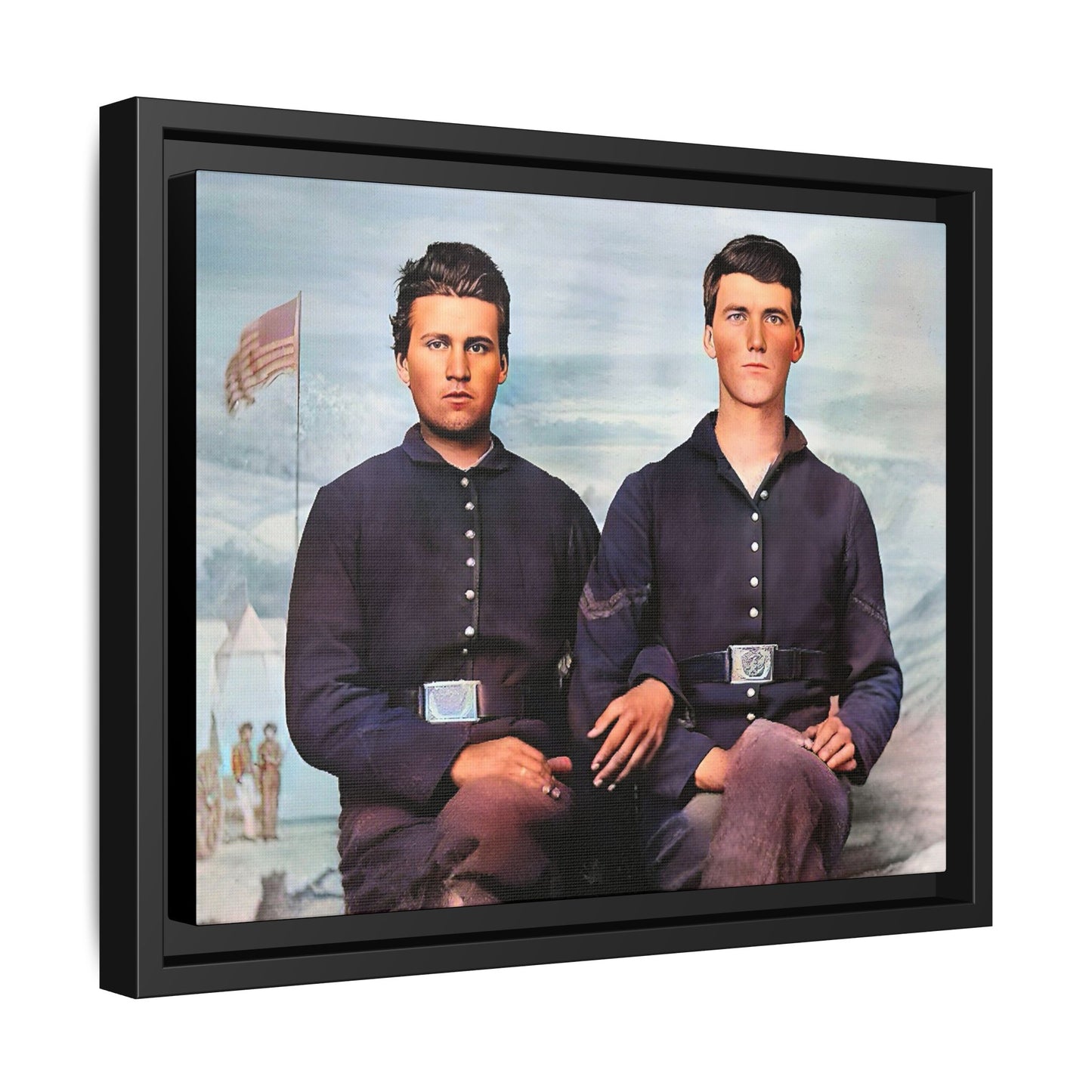 A framed vintage Civil War photo on matte canvas featuring two Union soldiers at Camp Curtin, honoring military history. Gay Couple