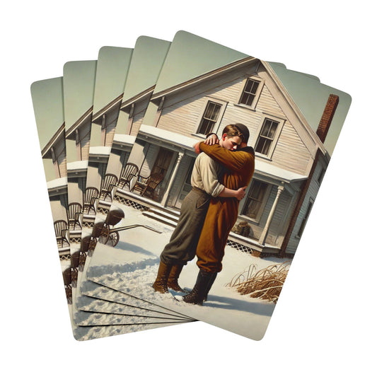 Vintage-inspired poker deck featuring two men embracing in a snowy Midwestern landscape, celebrating queer love. Gay Love