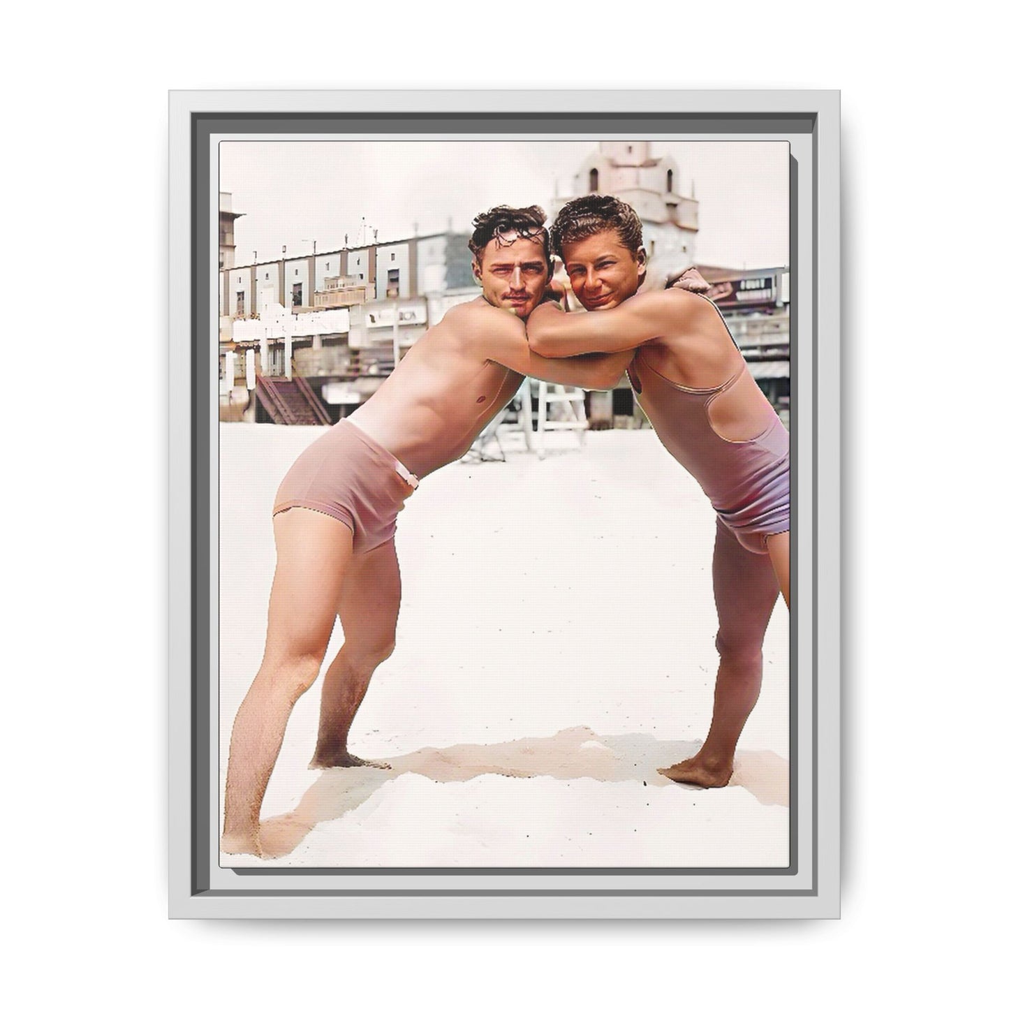 A vintage LGBTQ+ beach photo of Kenneth and Herman in Atlantic City, celebrating summer love and nostalgia. This restored and colorized canvas print captures the joy of seaside romance, making it a perfect addition to any vintage decor collection.