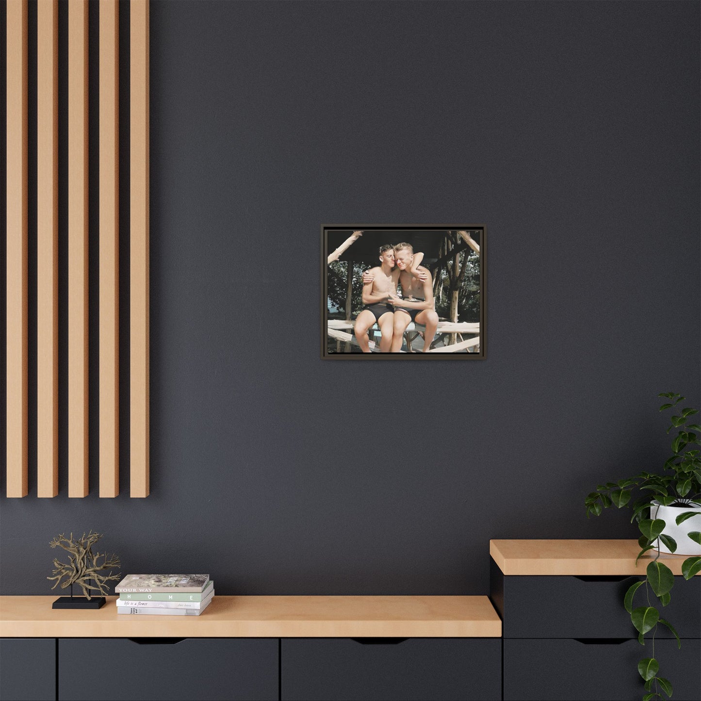 A vintage-inspired framed canvas print featuring Joseph and Billy at Kahena Beach, Hawaii. Their intimate moment under a sunlit pergola captures the warmth of love, freedom, and tropical serenity—perfect for coastal, LGBTQ+, and romantic home decor.