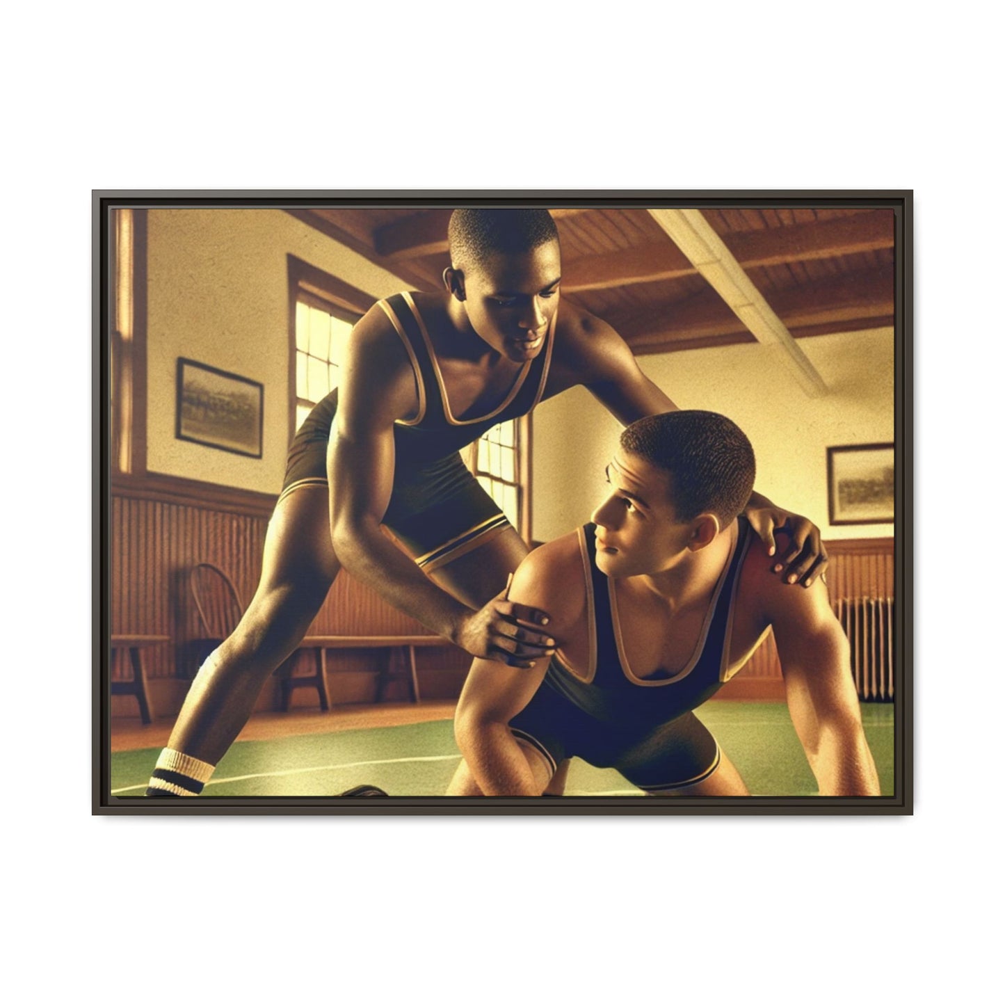 Framed canvas artwork inspired by Grant Wood featuring African-American and European-American wrestlers in a vintage gymnasium. A tribute to unity, diversity, and regionalist art.