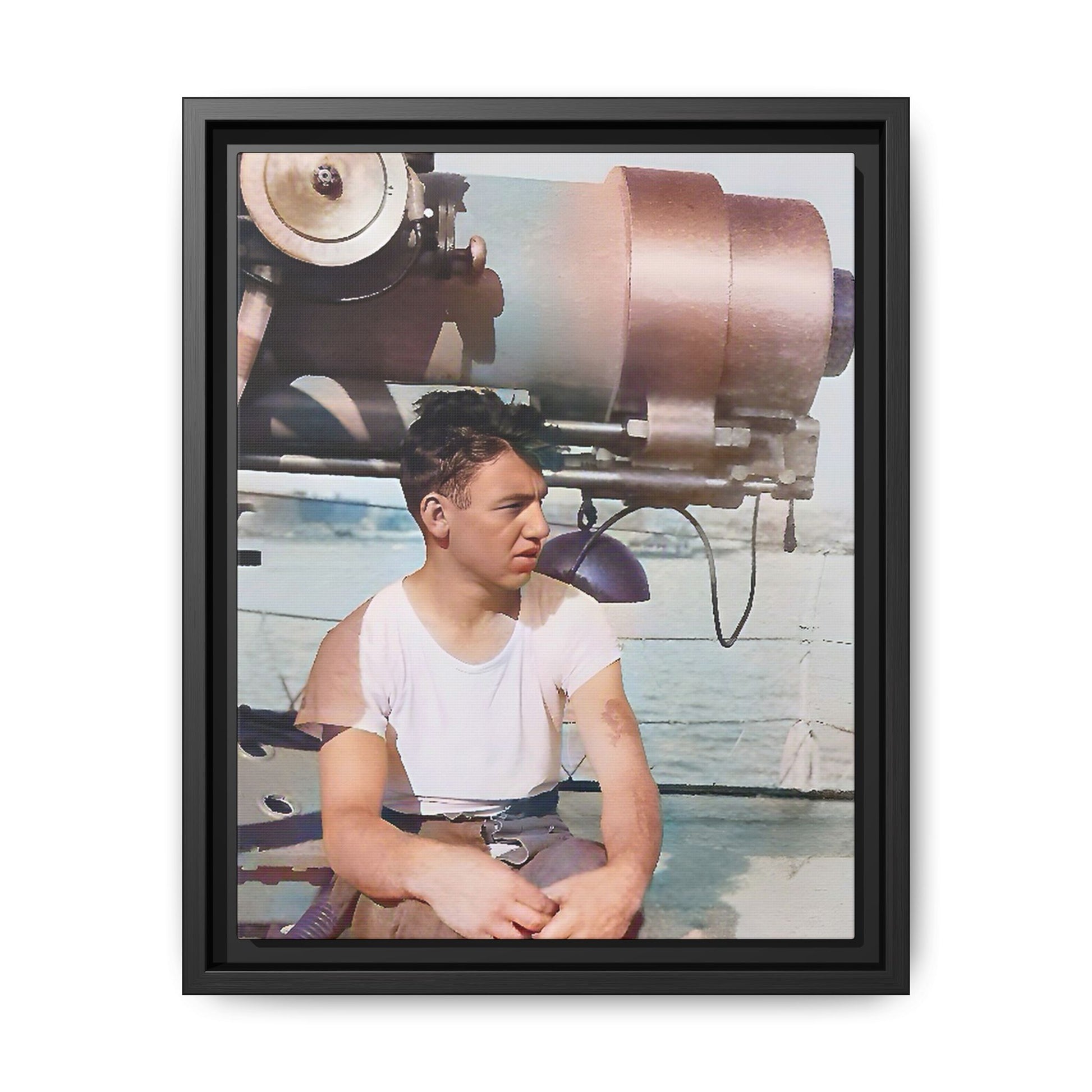 A restored vintage portrait of Harvey aboard the USS Oklahoma (BB-37). This framed matte canvas honors naval history, resilience, and service. Battleship Photo