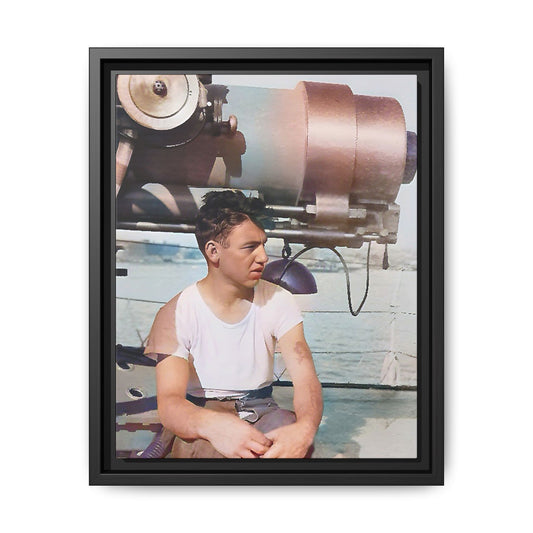 A restored vintage portrait of Harvey aboard the USS Oklahoma (BB-37). This framed matte canvas honors naval history, resilience, and service. Battleship Photo