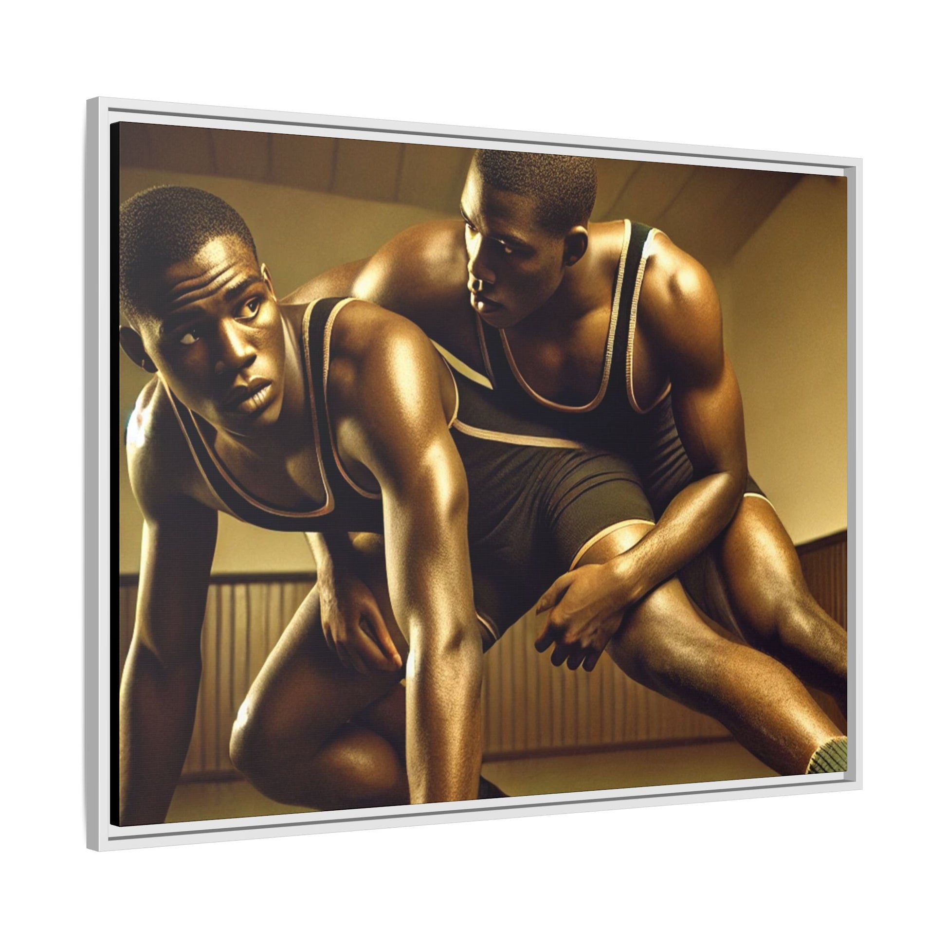Framed artwork inspired by Grant Wood, showcasing African-American wrestlers in a vintage gymnasium setting. A powerful tribute to teamwork, resilience, and regionalist art.