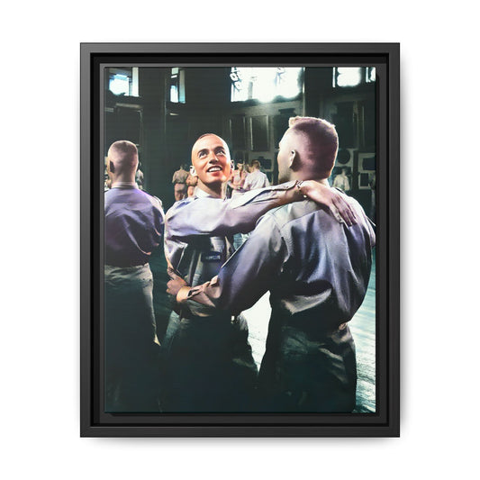 Restored mid-20th century photo of two men dancing at a USO event in Fort Belvoir, celebrating LGBTQ+ love and resilience, framed as wall décor Gay Couple