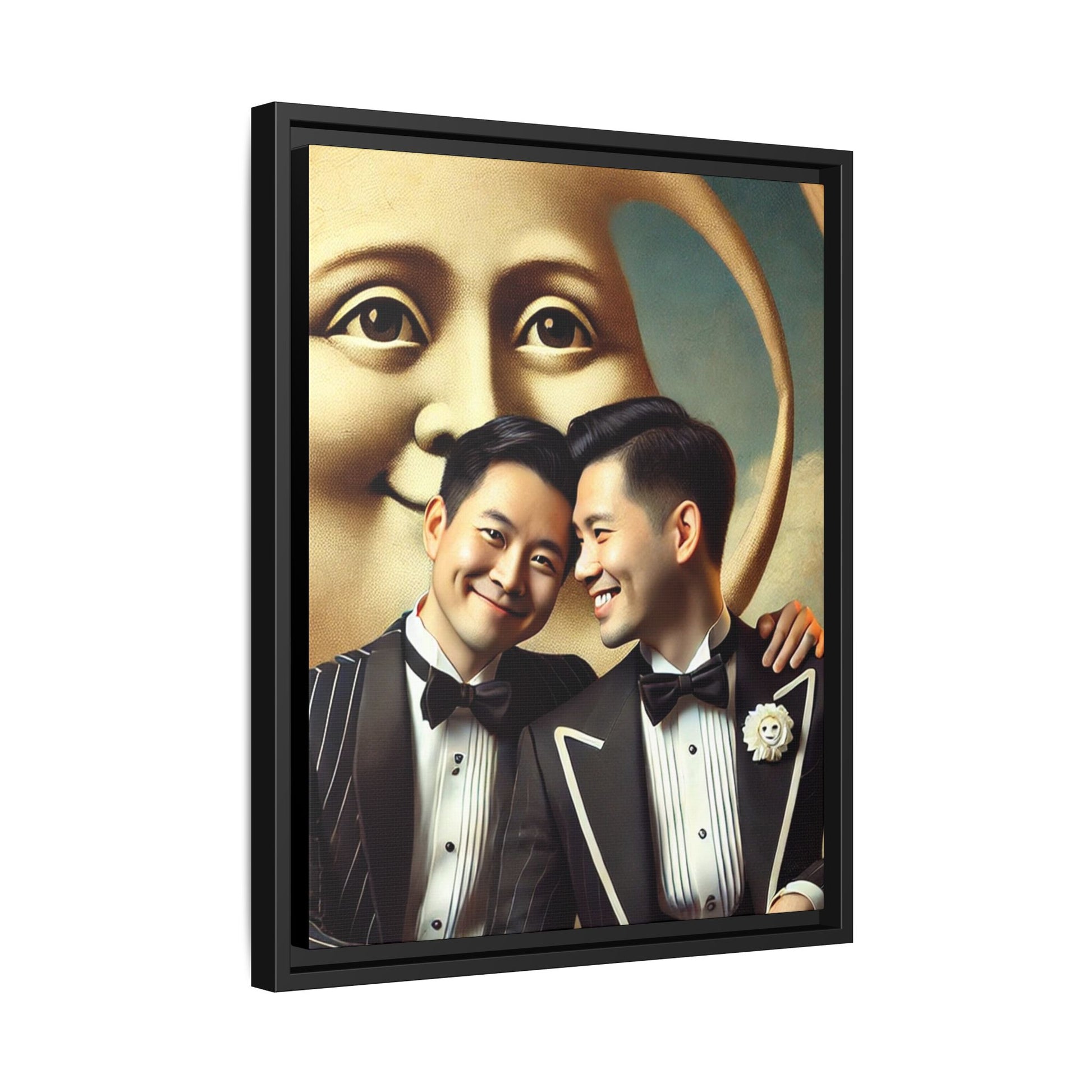 Framed matte canvas featuring a joyful queer Asian couple in tuxedos standing beneath a crescent moon. This artwork, part of the Missing Art Studies series, reimagines erased queer histories with warmth, dignity, and vintage-inspired style.