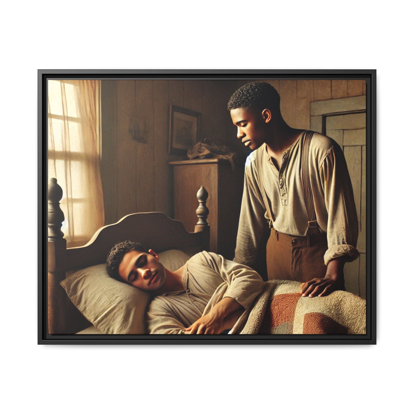 Grant 007 artwork depicting an African-American queer couple in a tender, intimate moment within a rustic bedroom. This scene, bathed in warm, nostalgic light, captures the love and quiet resilience of rural life, celebrating LGBTQ+ representation and African-American heritage.