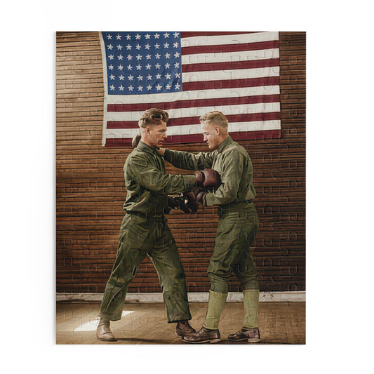 Two Men Sparring Beneath a Forty-Eight-Star Flag | athlétisme 034