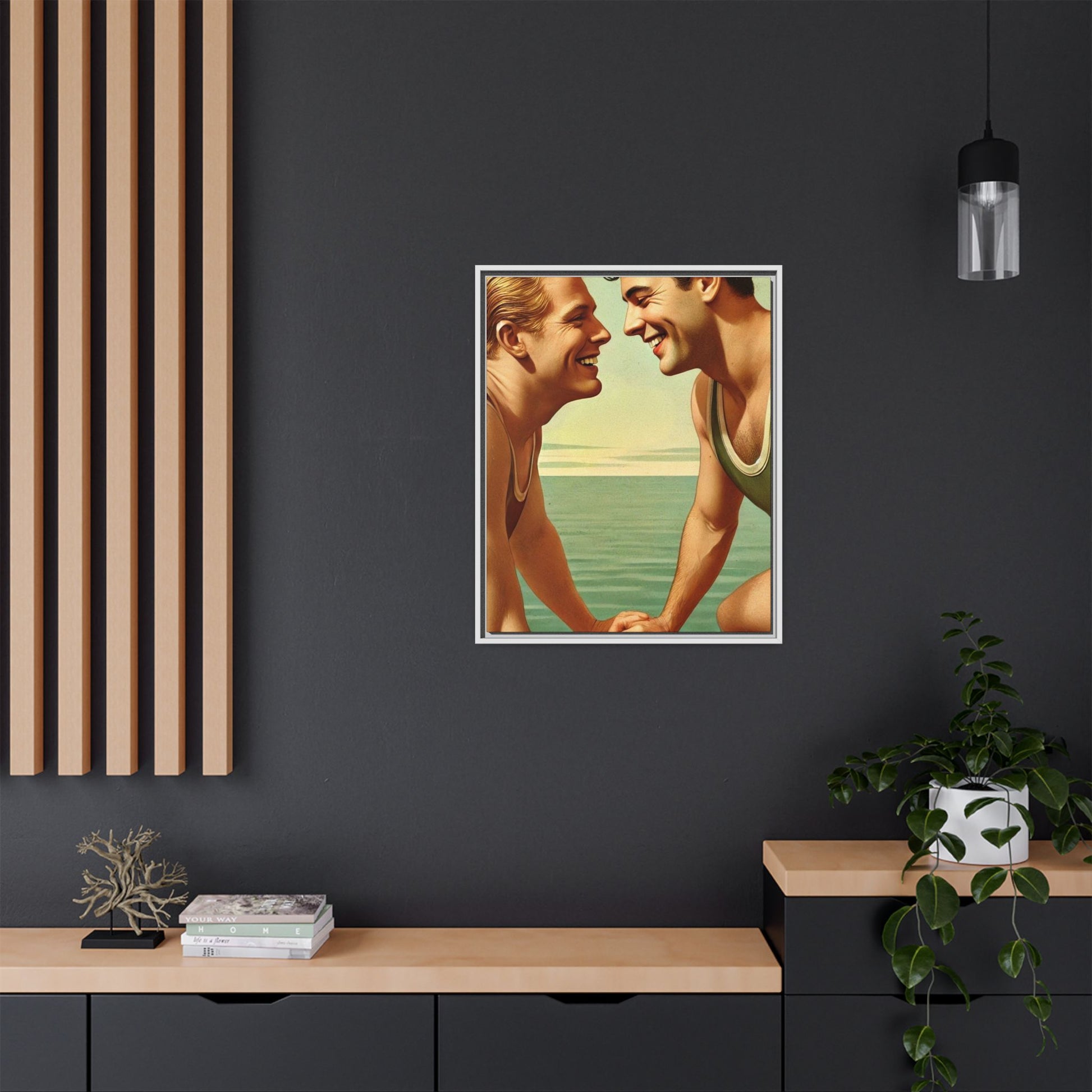 Vintage-style artwork of a joyful 1930s moment between a gay couple by the lake, dressed in classic swimwear and sharing warm smiles. Set on a serene wooden dock, this piece captures love, companionship, and LGBTQ+ history in an idyllic, nostalgic summer setting.