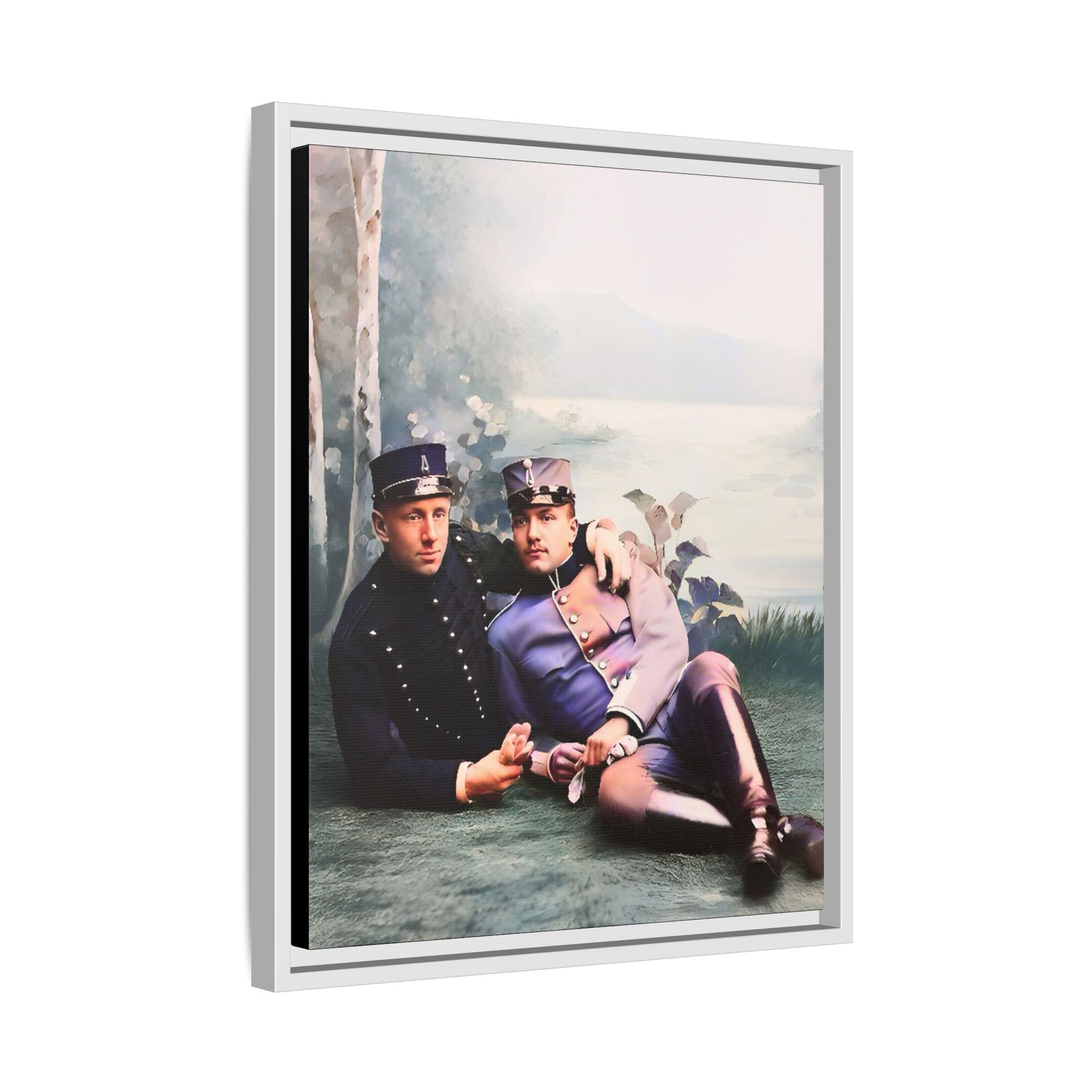 Restored early 1900s photo of Karl and Mats in Swedish military uniforms, reclining by a lakeside, celebrating LGBTQ+ love and history, framed as wall art. Gay Couple Vintage foto homosexuella par