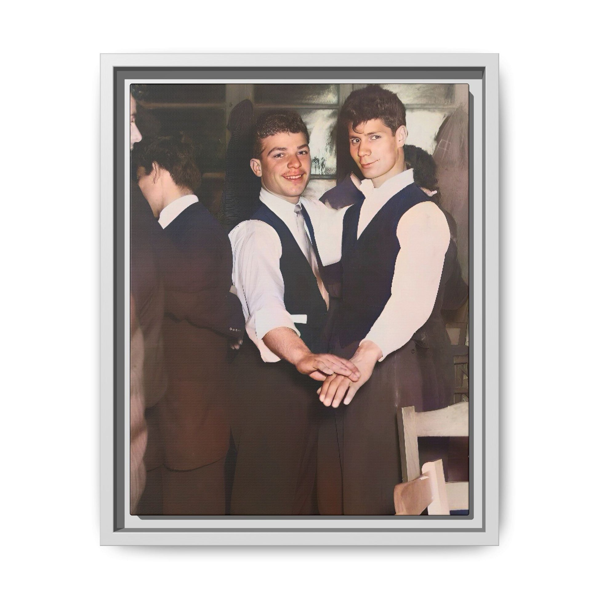 Restored and colorized mid-20th century photo of Clarence and Francis dancing, celebrating LGBTQ+ love and resilience, framed as a matte canvas wall décor piece. Gay Couple