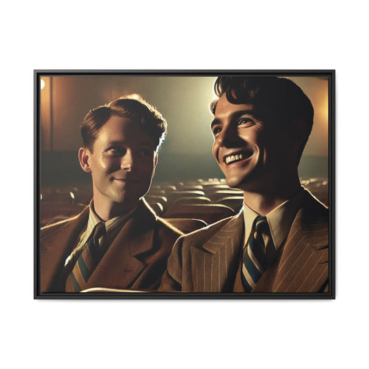 Vintage-style photo of two young men sharing an intimate moment on a date in a 1930s movie theater. Dressed in classic pinstripe suits, their smiles and close connection evoke the warmth and charm of the era, celebrating LGBTQ+ history and timeless romance.