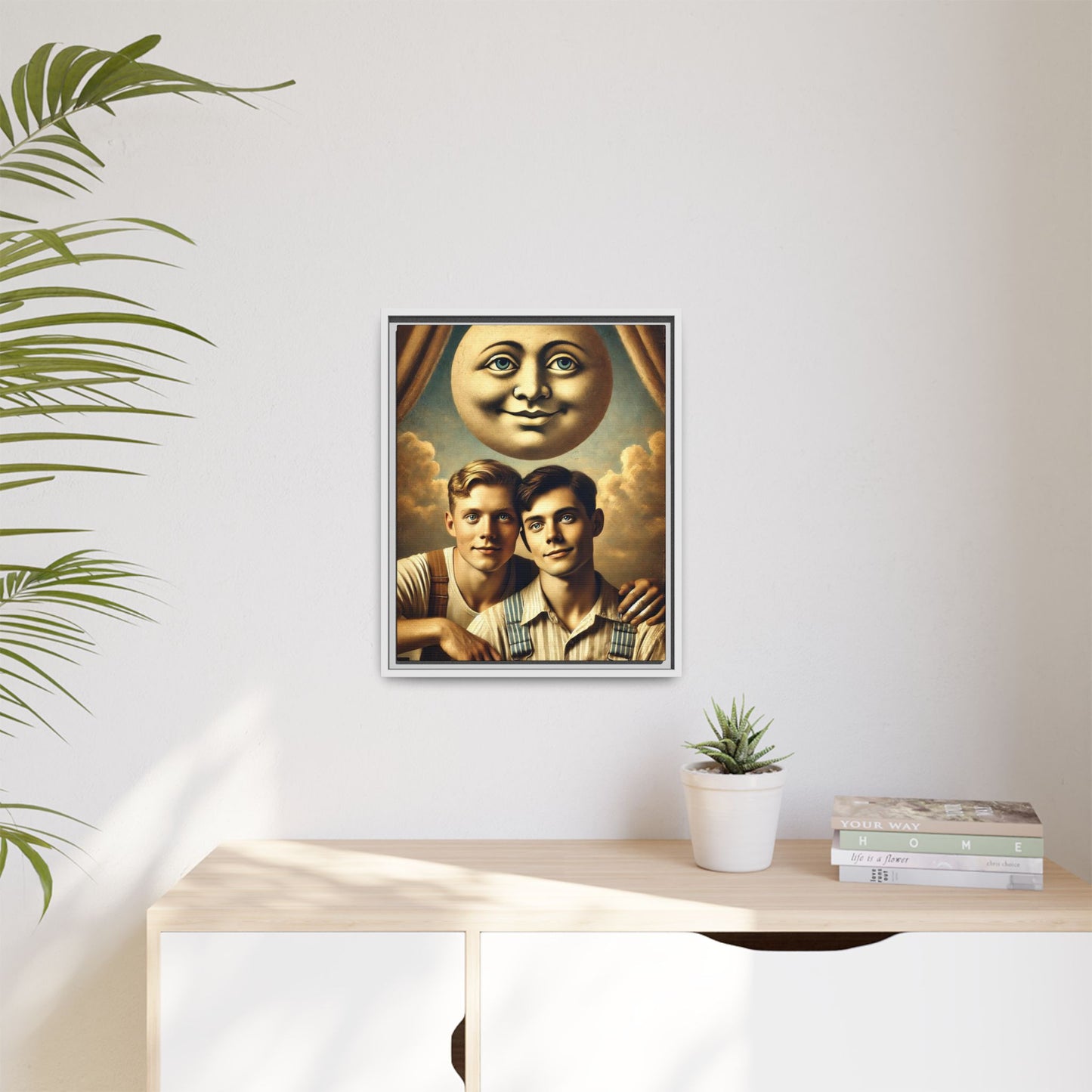 Framed matte canvas portrait featuring two young men in vintage overalls with a crescent moon prop above them. This artwork from the Missing Art Studies series reclaims LGBTQ+ imagery that may have been lost to bias, presenting warmth, intimacy, and presence.