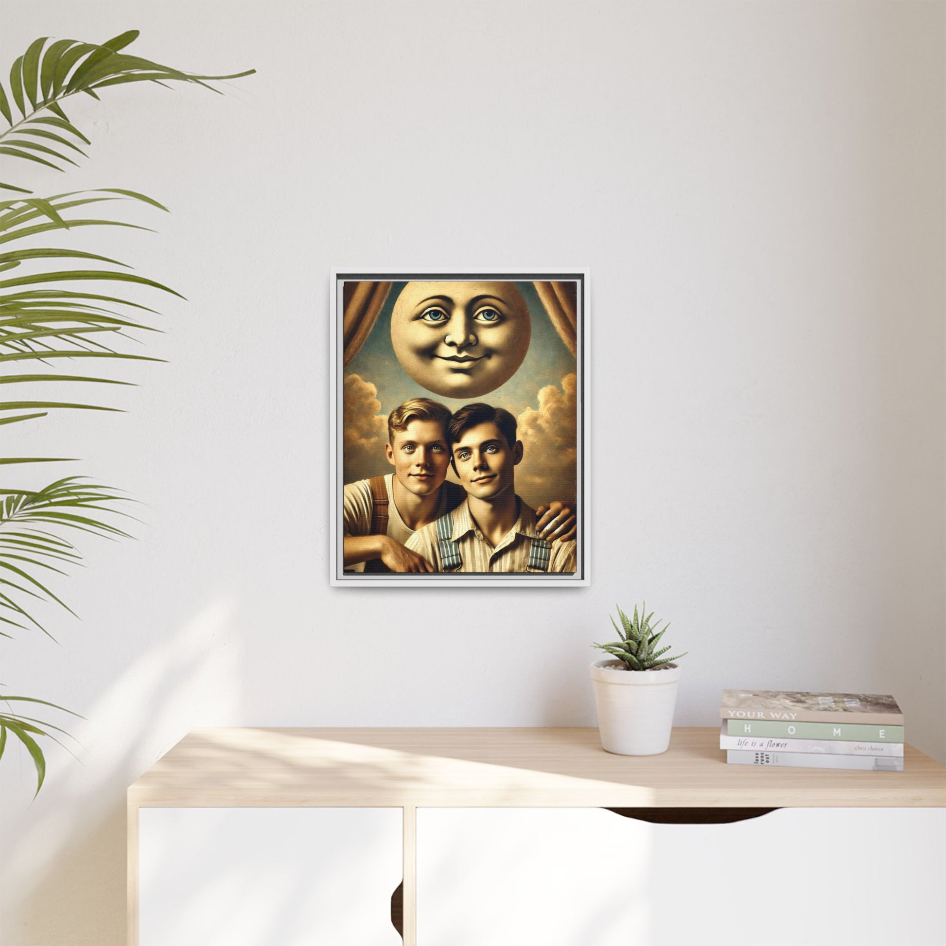 Framed matte canvas portrait featuring two young men in vintage overalls with a crescent moon prop above them. This artwork from the Missing Art Studies series reclaims LGBTQ+ imagery that may have been lost to bias, presenting warmth, intimacy, and presence.
