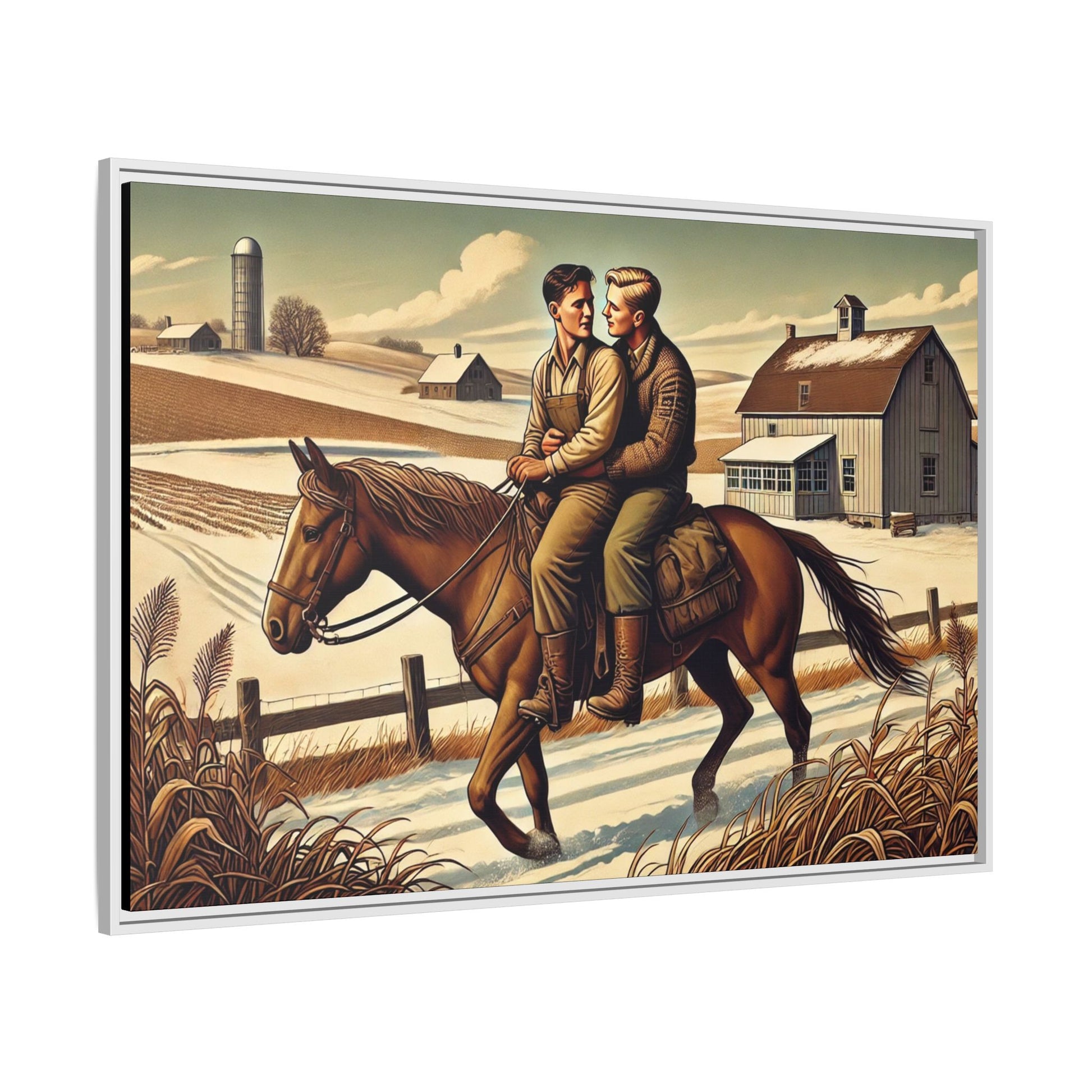 Artwork of a gay couple sharing a tender moment while seated together on a single horse in a snowy, rural Midwestern landscape. Dressed in early 20th-century attire, the men gaze at each other warmly, capturing love, resilience, and companionship in a serene 1930s-inspired American scene