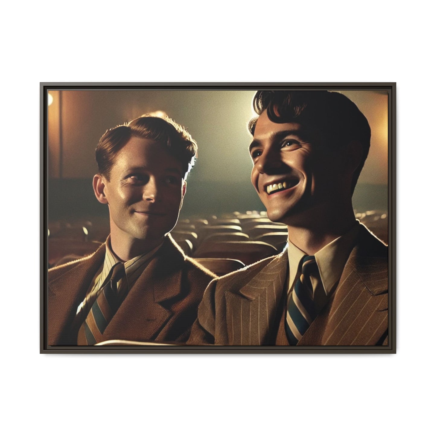 Vintage-style photo of two young men sharing an intimate moment on a date in a 1930s movie theater. Dressed in classic pinstripe suits, their smiles and close connection evoke the warmth and charm of the era, celebrating LGBTQ+ history and timeless romance.