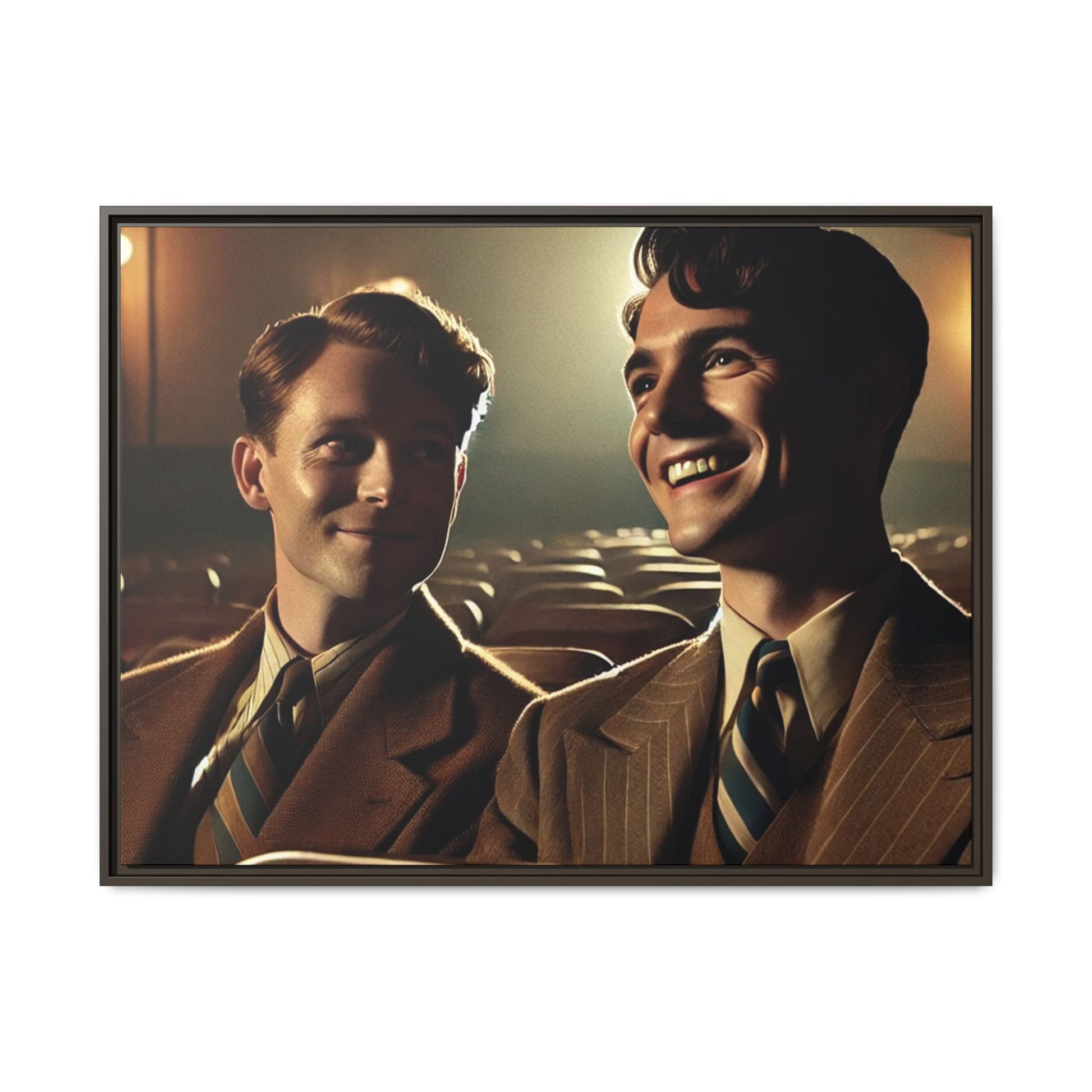 Vintage-style photo of two young men sharing an intimate moment on a date in a 1930s movie theater. Dressed in classic pinstripe suits, their smiles and close connection evoke the warmth and charm of the era, celebrating LGBTQ+ history and timeless romance.