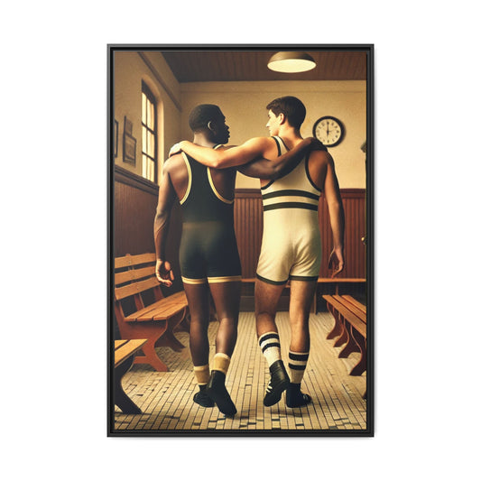 Vintage-style portrait of two young male wrestlers walking arm-in-arm down a tiled locker room hallway. One is Black and wearing a dark singlet with gold trim, the other is white and dressed in a cream singlet with green stripes. Their embrace is casual yet intimate, capturing a tender moment of camaraderie and quiet affection. Grant Wood tribute.