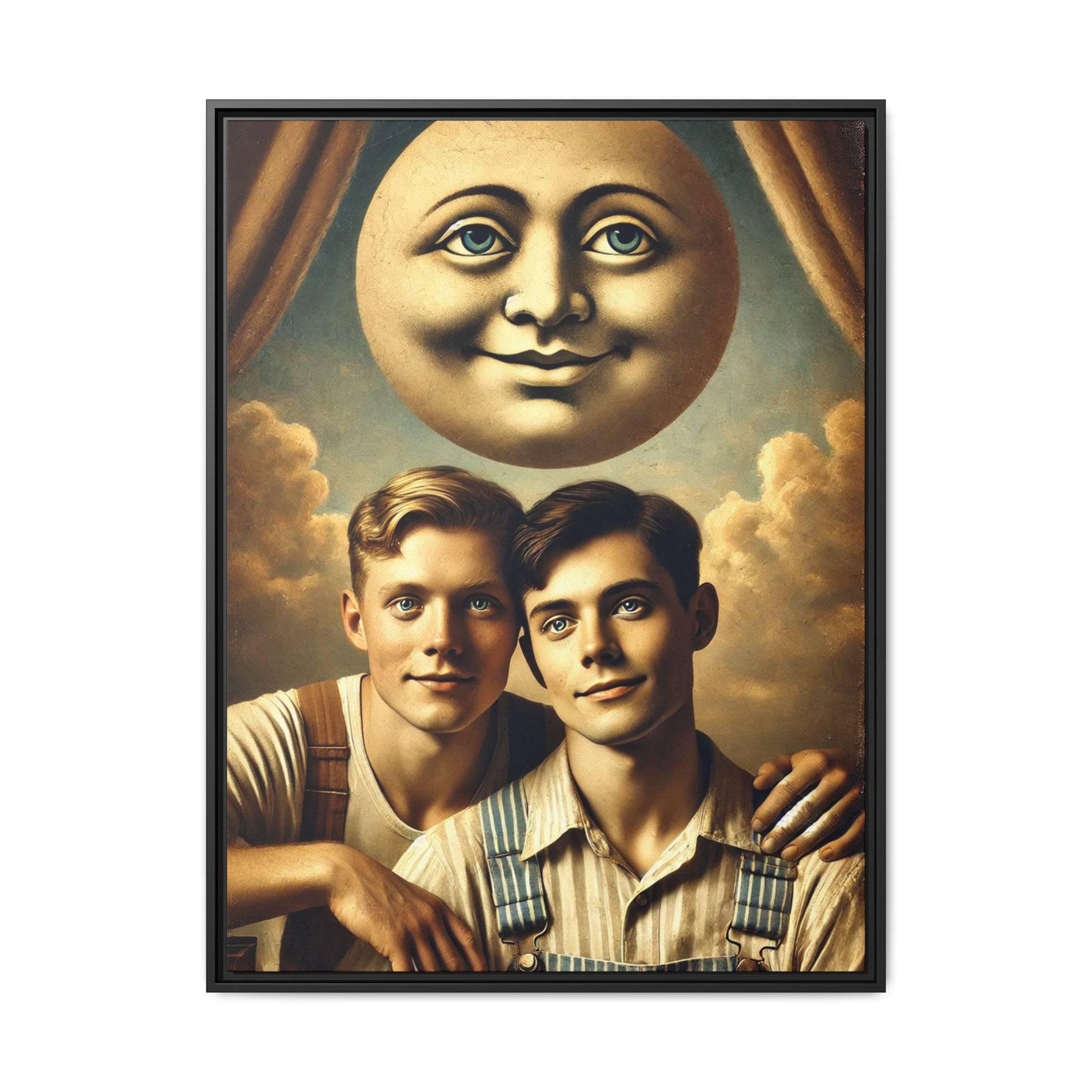 Framed matte canvas portrait featuring two young men in vintage overalls with a crescent moon prop above them. This artwork from the Missing Art Studies series reclaims LGBTQ+ imagery that may have been lost to bias, presenting warmth, intimacy, and presence.