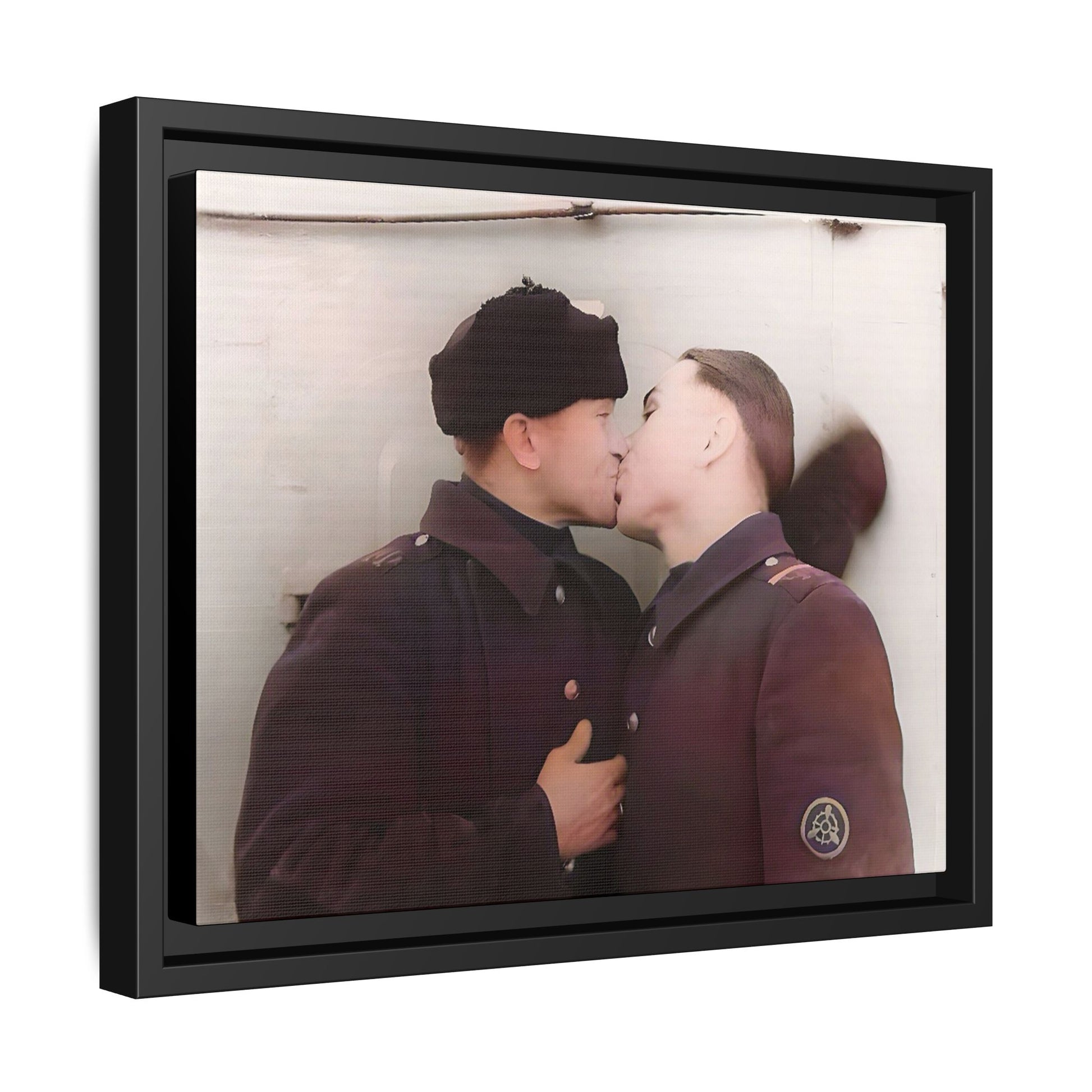 A restored vintage photograph of two Russian soldiers in uniform sharing an intimate moment at a military outpost in Surgut, Russia. Their embrace reflects resilience, love, and defiance against societal norms, making this a powerful tribute to LGBTQ+ history and wartime romance. Винтажное фото | гей-пара