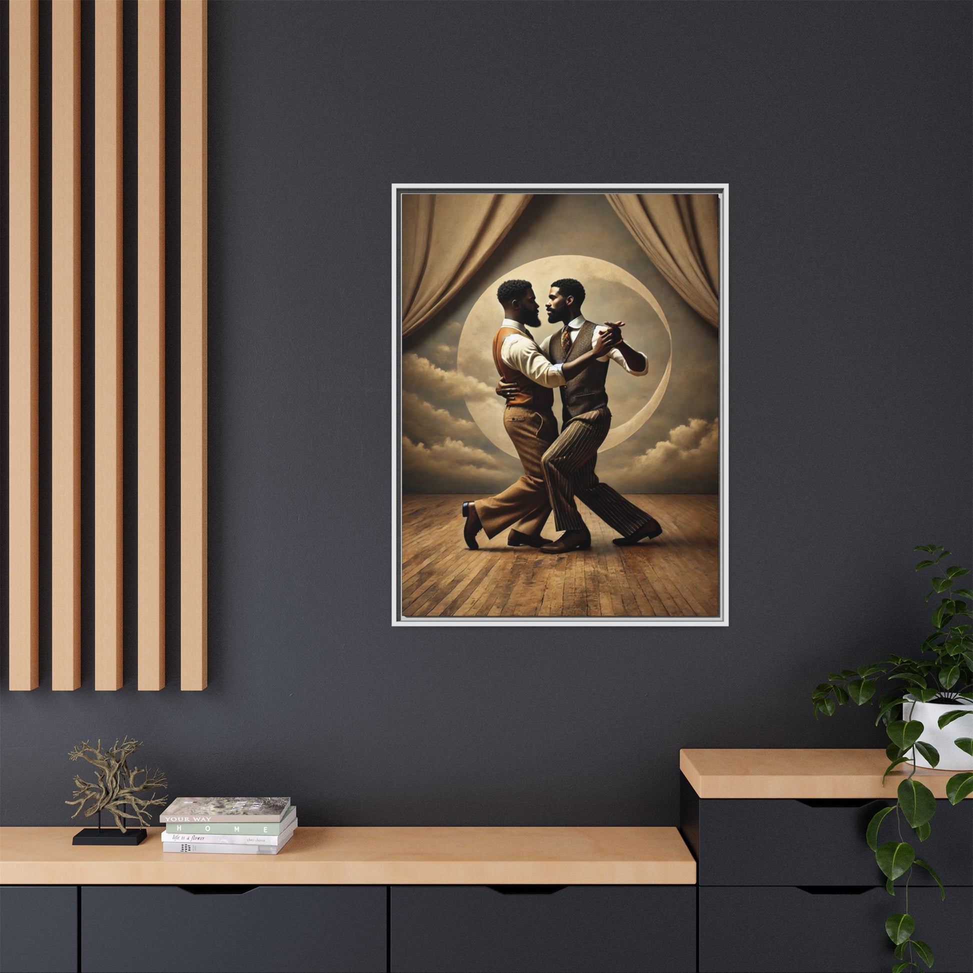 Original artwork of two Black men ballroom dancing in vintage 1920s suits under a glowing moon backdrop. A romantic and powerful tribute to queer love and Black history that reclaims moments lost to systemic bias and cultural erasure.